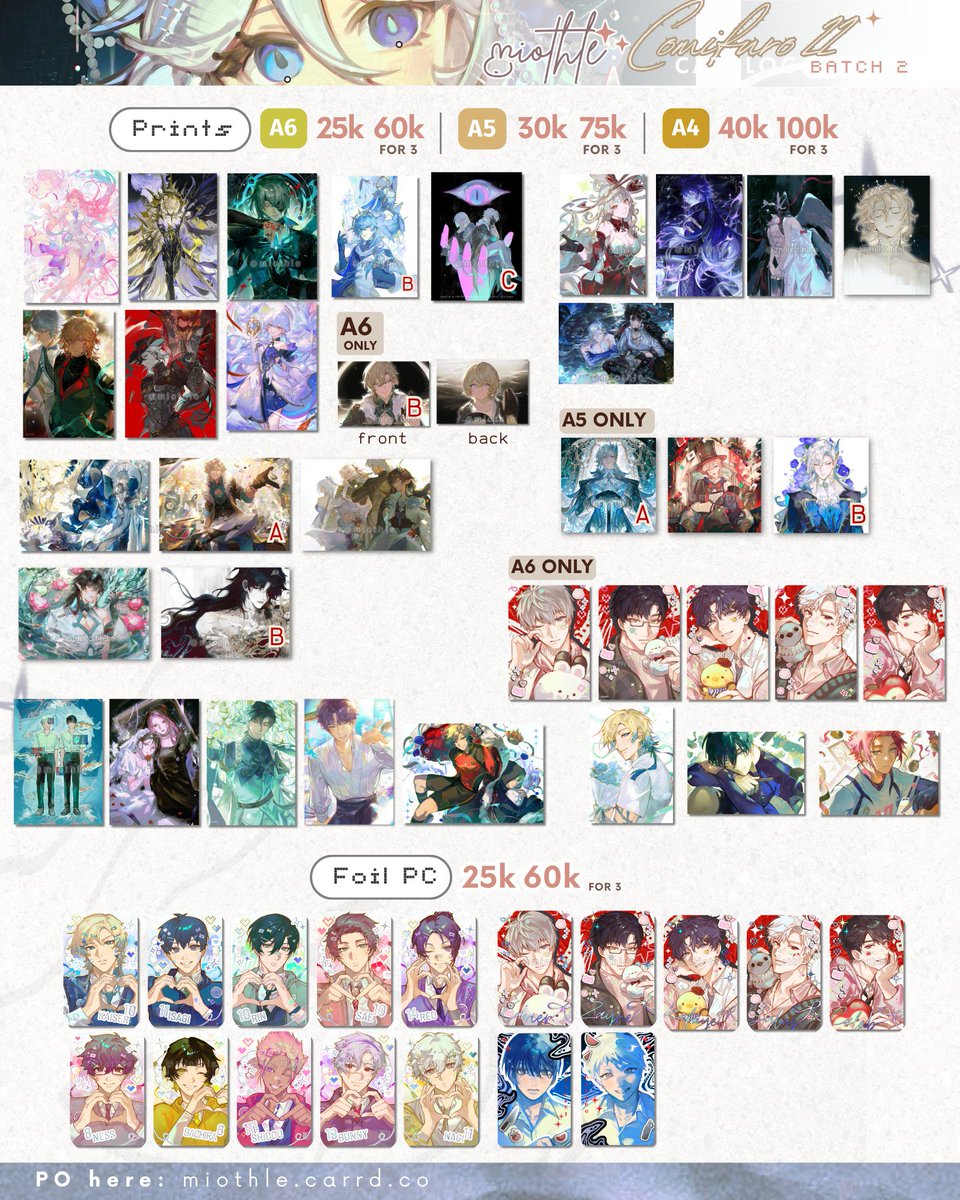 m_iothle's tweet image. [RT+💗 appreciated!]
mio's #CF22 batch 2 po open!💫

⏱️ 11 - 15 Apr (pickup close 12 Apr)
💠 genshin, bllk, tshd, alnst, madoka, fgo, lads, hsr
🆗 pickup &amp;amp; mail
🔻 form in replies
Intl GO dm pls, thank you!🙇‍♀️

#comifuro22 #cf22catalogue