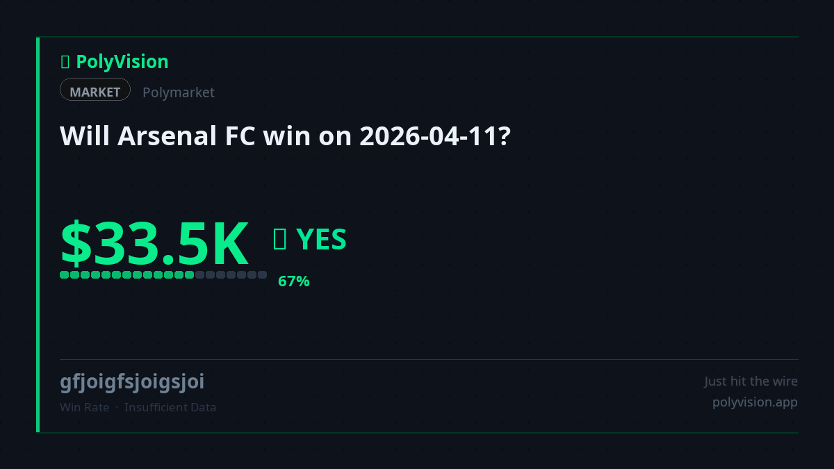 PolyVisionApp's tweet photo. 🔵 $33,500 says Arsenal FC dominates 2026-04-11. The smart money whale is circling, ready to feast on retail's emotional missteps. @Polymarket @unusual_whales, time to watch the hunt.

https://t.co/cRCD7Hxi6B

#PredictionMarkets #Polymarket https://t.co/9gqtz0XOHc