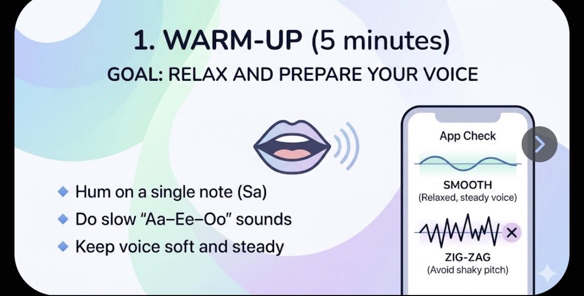 PNJoshi_'s tweet image. #Singing 
20–30 Minute Daily Voice Training Routine:
1. Warm-up (5 minutes)
👉 Goal: Relax and prepare your voice
•Hum on a single note (Sa)
•Do slow “Aa–Ee–Oo” sounds
•Keep voice soft and steady
Check in app:
•Is the line smooth (not shaky)?
•Avoid zig-zag pitch lines