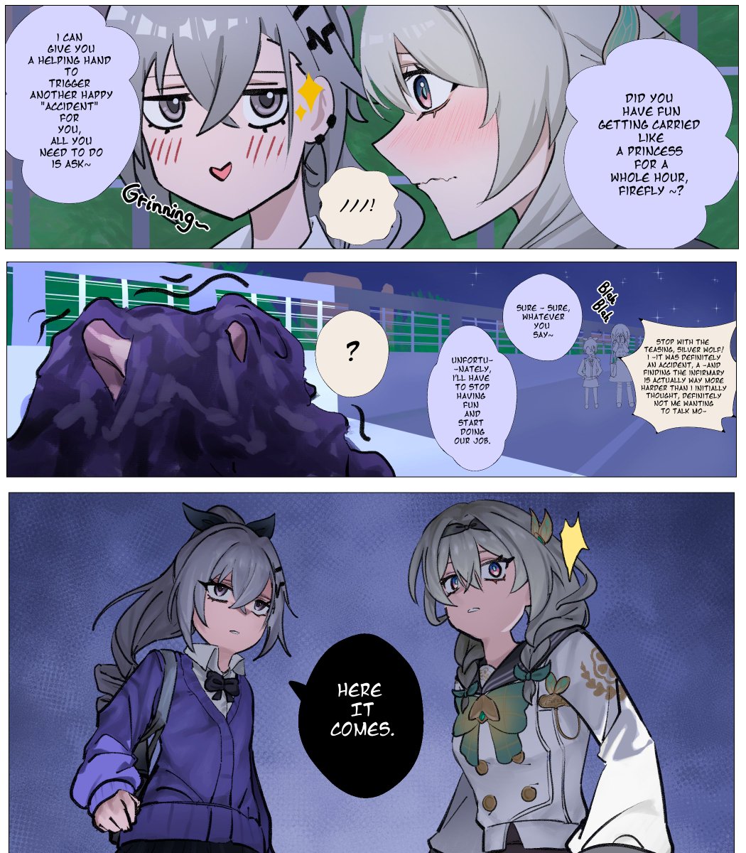 Xen23_11's tweet image. Schoolgirl Firefly and Silver wolf 
doing their job!
(1/2)