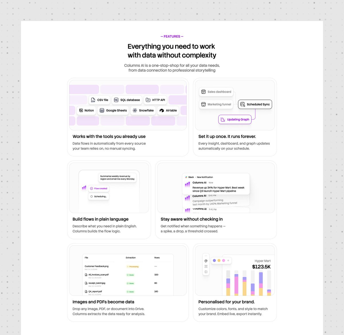 klm_gfx's tweet image. Bento cards designed for Columns AI landing page