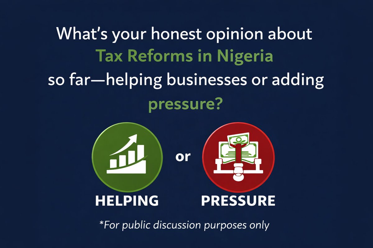 SMEComplianceNG's tweet photo. Opinion Poll
I have heard various comments about the new tax law.
What’s your honest opinion about Taiwo Oyedele’s tax reforms so far—helping businesses or adding pressure?
#TaiwoOyedele #NewTaxLaw #TaxReform https://t.co/aaxKqzA1nE