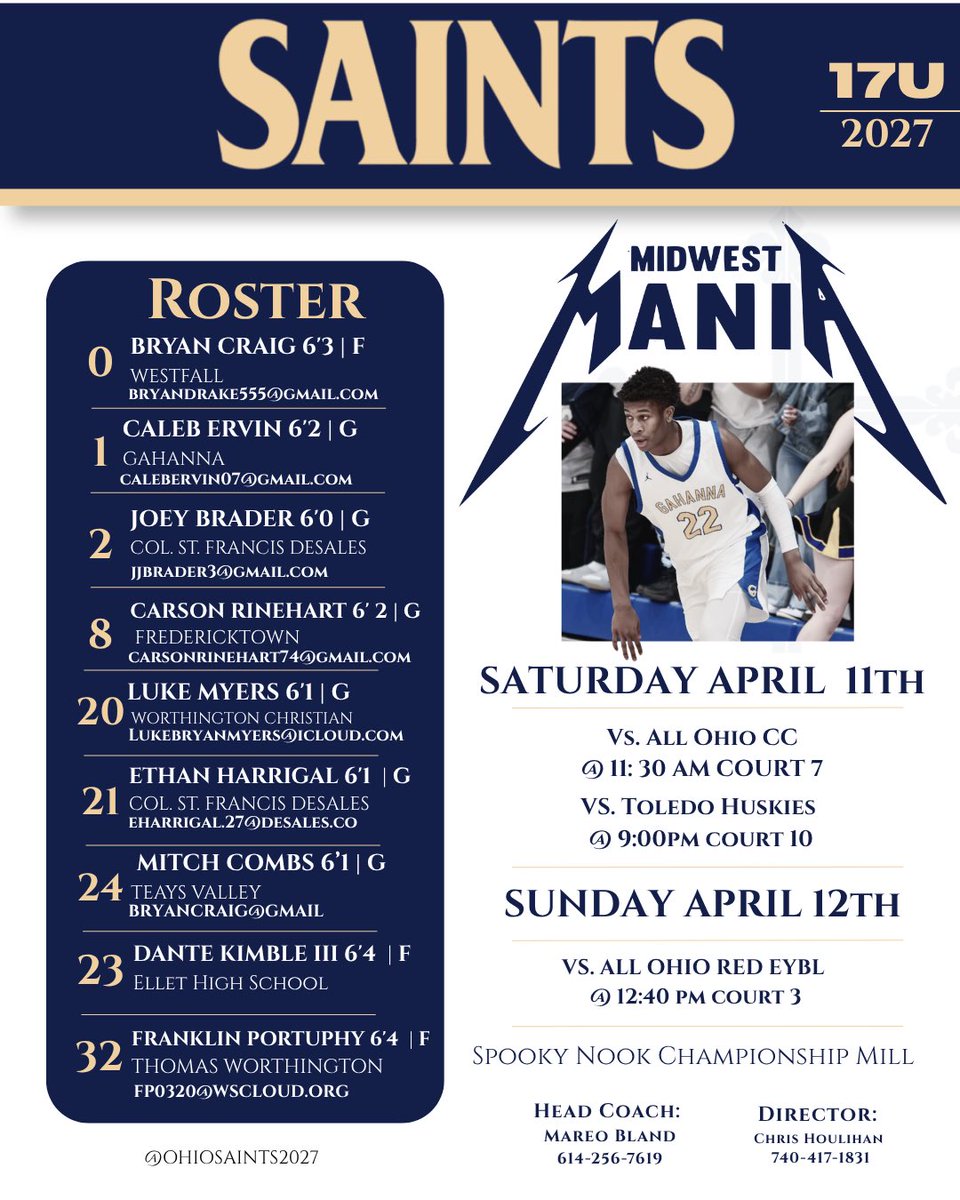 OhioSaints2027's tweet photo. Catch us in action this weekend at 𝙈𝙄𝘿𝙒𝙀𝙎𝙏 𝙈𝘼𝙉𝙄𝘼:

Saturday April 11th
11:30 vs All Ohio CC ct. 7

9:00pm vs Toledo Huskies ct. 10

Sunday April 12th
12:40 vs All Ohio EYBL ct. 3

*All games played at Spooky Nook Champion Mill https://t.co/93YSNZj1bN