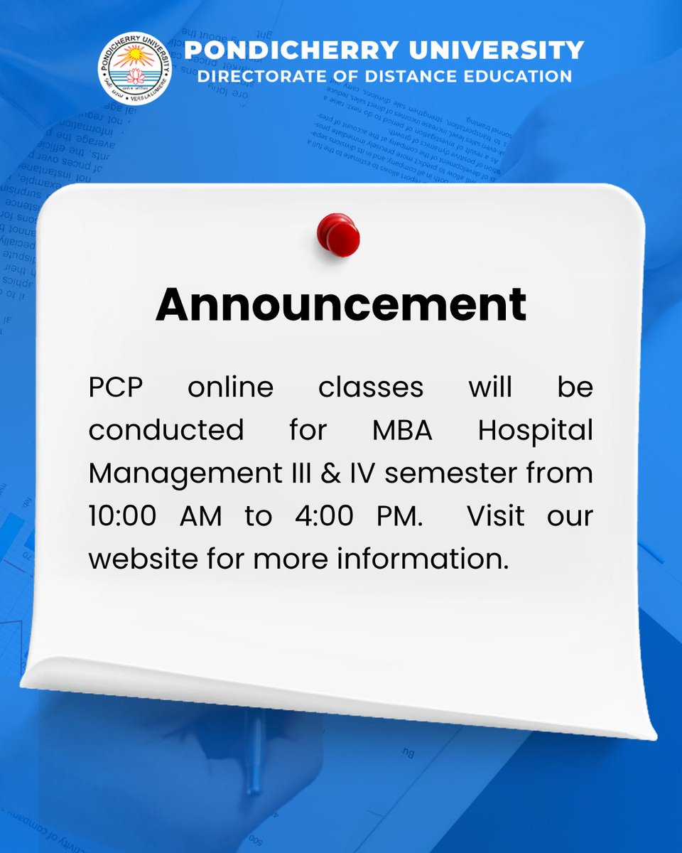 PCP online classes for MBA Hospital Management (III &amp; IV Semester) are now scheduled. Visit the website for more information.

Learn more:dde.pondiuni.edu.in/notifications/…