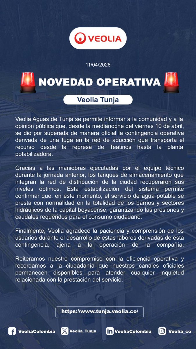 ✅ #AtenciónTunja: ¡Servicio normalizado! Tras superar la fuga en la red de aducción de Teatinos, informamos que los tanques de almacenamiento han recuperado sus niveles óptimos. 💧

​El servicio se presta con total normalidad en toda la ciudad. ¡Gracias por tu paciencia! 🙌