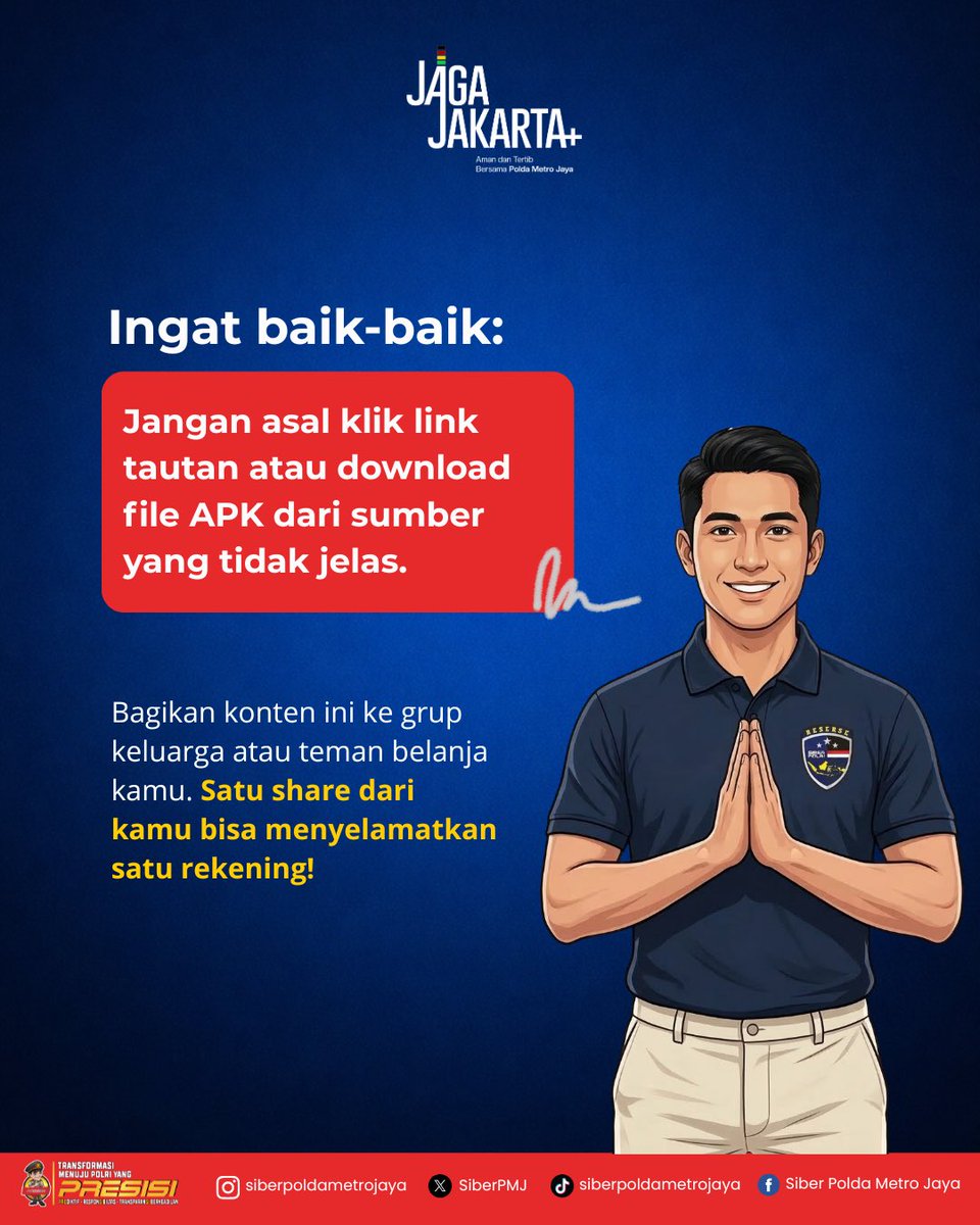 SiberPMJ's tweet photo. PAKETNYA KETUKAR, KAK...” 📦 
STOP! JANGAN ASAL KLIK!

Lagi nunggu paket belanjaan, tiba-tiba dapet chat begini? Jangan langsung panik ya, Sobat Siber! Ini adalah salah satu modus penipuan kurir palsu yang ujung-ujungnya bakal kirim file berbahaya. Cek mudusnya dislide. https://t.co/aB6LDAqJmb