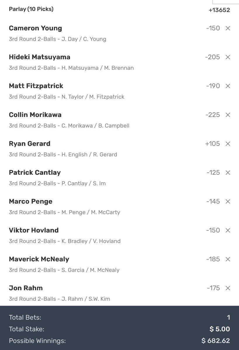 BigBenjaGolfer's tweet image. Masters R3 2-Ball Parlay ⛳️🌸🔥

This one looks a little weird because I had to pivot to Bovada — @HardRockBet still refuses to offer proper 2-Ball matchups. No more getting handcuffed in Florida by these cowards. Time to eat.
No long breakdowns, no stats, just the play:

10-leg