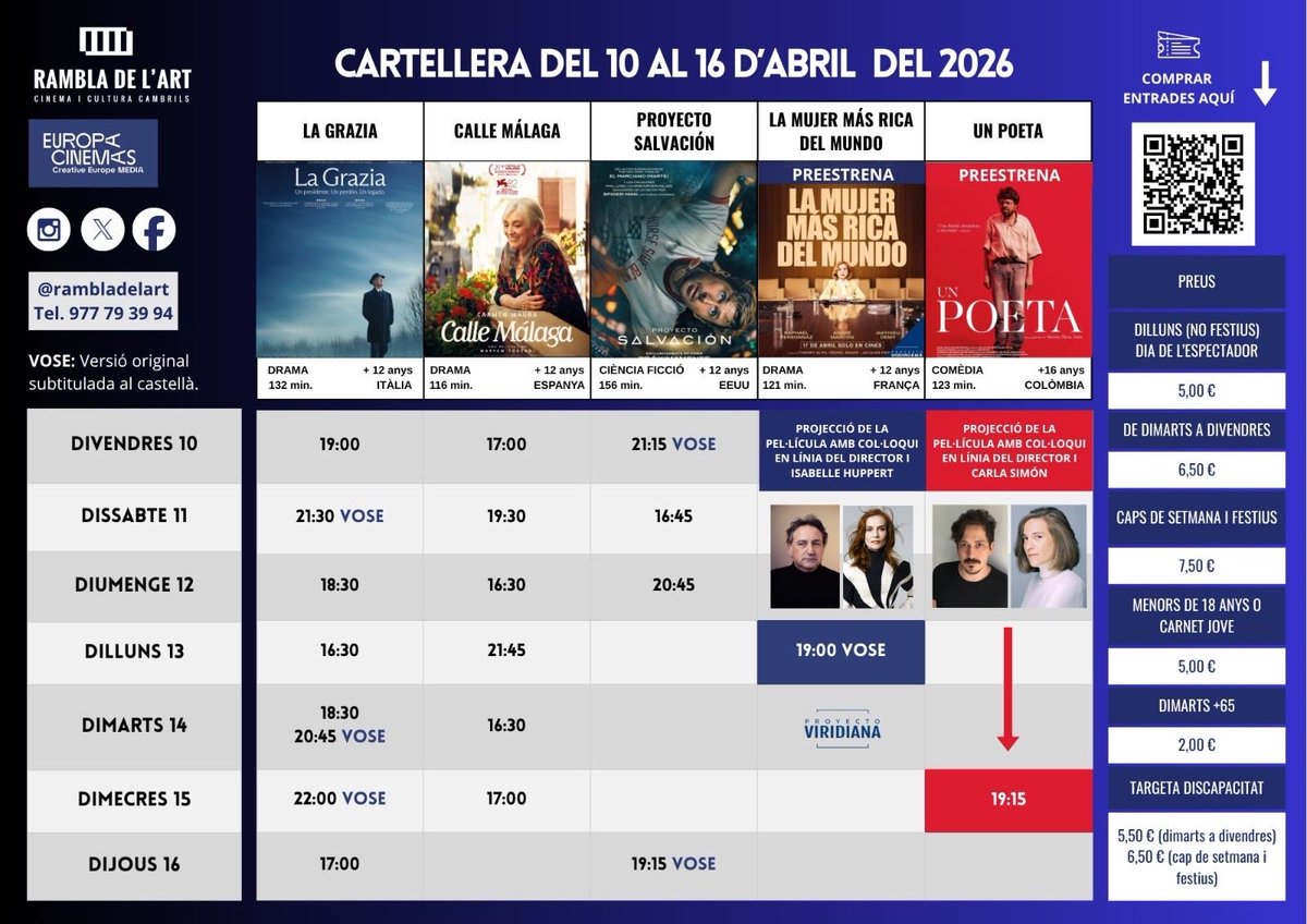 Aquesta setmana, molt especial, contents per poder oferir el millor cinema d’autor i independent i amb 2 prestrenes amb col.loquis posteriors. rambladelart-cambrils.com