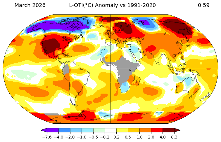extremetemps's tweet photo. March 2026,according to NASA, had a Temperature anomaly of +0.59C vs. 1991/2020 norm (or +1.28C vs 1951/1980) and ranked the 4th hottest March on records behind:
2024 +0.70C
2025 +0.68C
2016 +0.66C https://t.co/2o2u4l9bZf