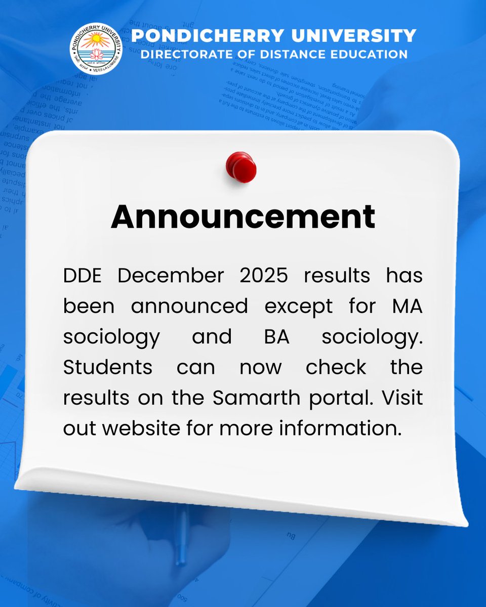 DDE December 2025 results are out except MA sociology and BA sociology! Students can now view their results on the Samarth Portal.

#DistanceEducation #PondicherryUniversity #Pondicherry