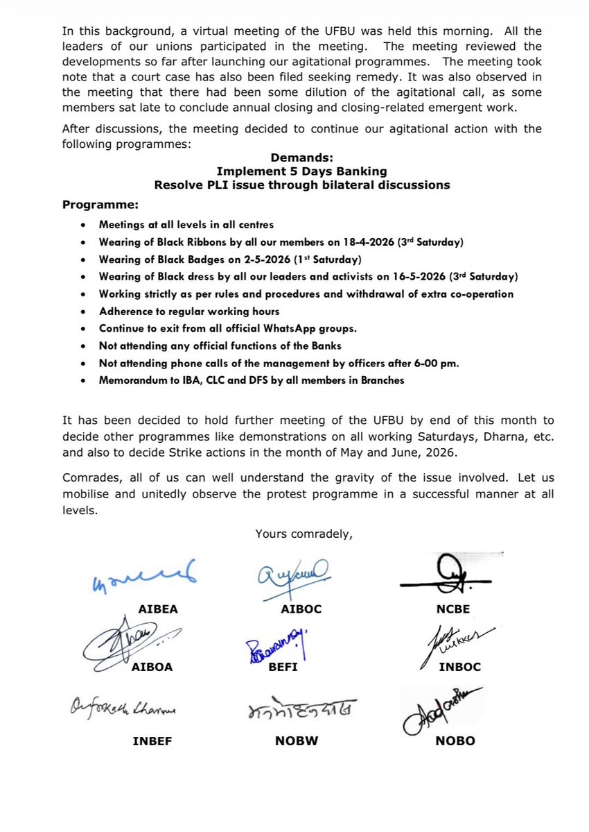 🚨UFBU CIRCULAR = SAME OLD DRAMA, BANKERS WONT FALL FOR IT AGAIN🚨  

January proved everything.  
Bankers showed full unity, full strength.  
What did leadership deliver?  
👉 Just ONE DAY strike  
👉 Then complete silence on PLI  

Now again the same script  
Black badges,