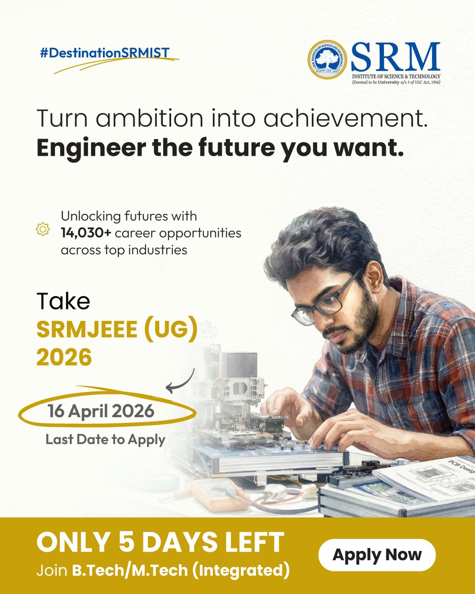SRM_Univ's tweet image. #SRMJEEE (UG) 2026: 5 Days. One Decision. A Lifetime of Impact.

Big journeys begin with bold decisions—and studying at #SRMIST is more than education; it’s a life-defining experience that shapes who you become.

Check eligibility, syllabus &amp;amp; more: bit.ly/4eqY7FT