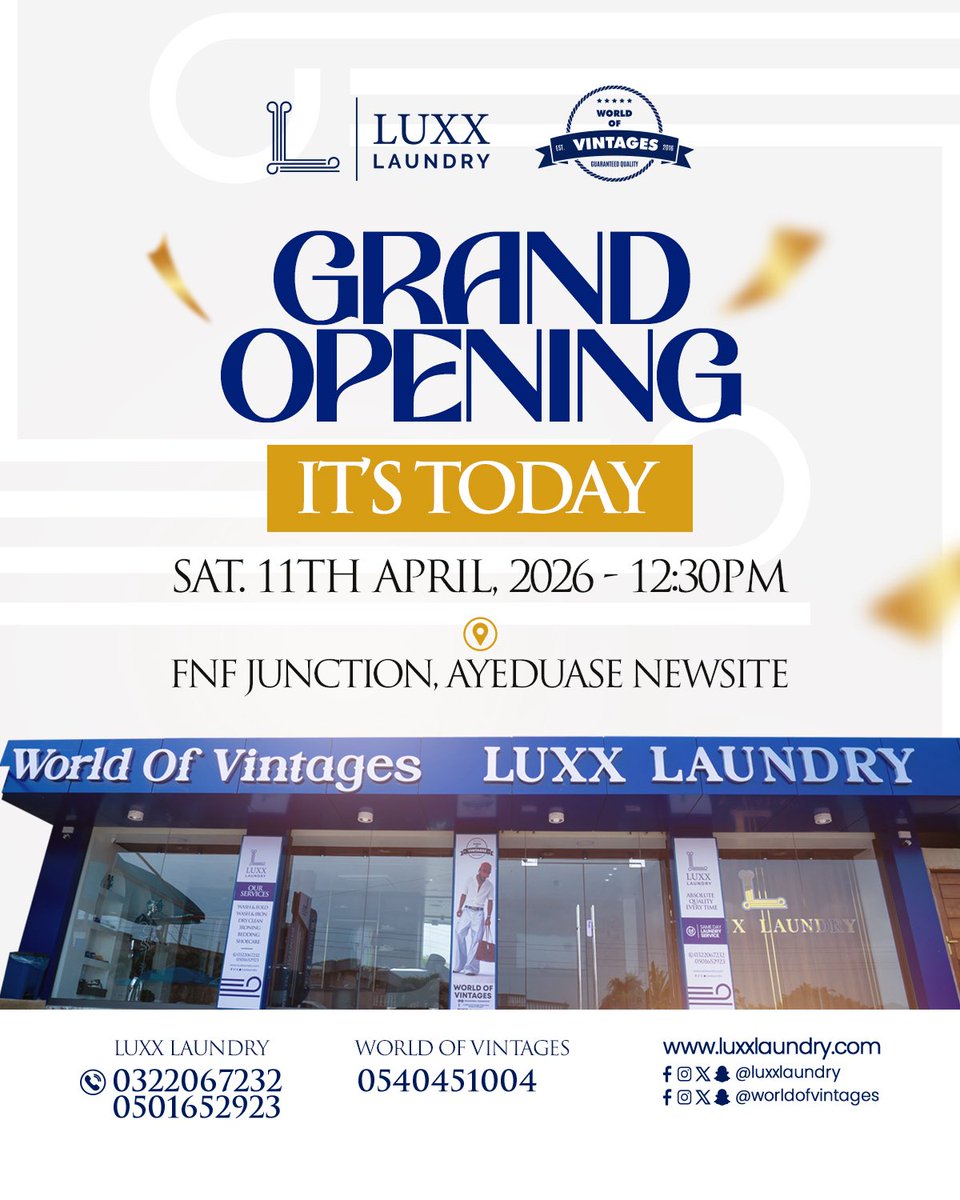 LuxxLaundry's tweet photo. Grand opening today.🥳🥳
New branch. New experience.
For enquiries or directions, call or WhatsApp: 0501652923 / 0540451004.

#luxxvintage https://t.co/JBJydv3ORq