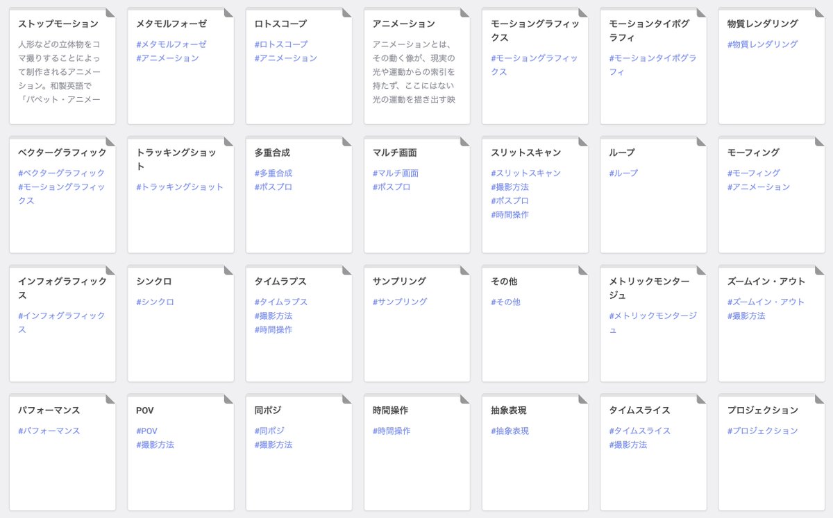6HPMPLP6's tweet photo. 10年以上前にEテレ「テクネ　映像の教室」という様々な手法で短い映像作品を作る番組があって、手法別にリファレンスを紹介するコーナーがあるんだけど、あれに近い事をCosenseにまとめてる。100作品くらいまとまったら一般公開するかも。 https://t.co/wOnpPlsgJ3