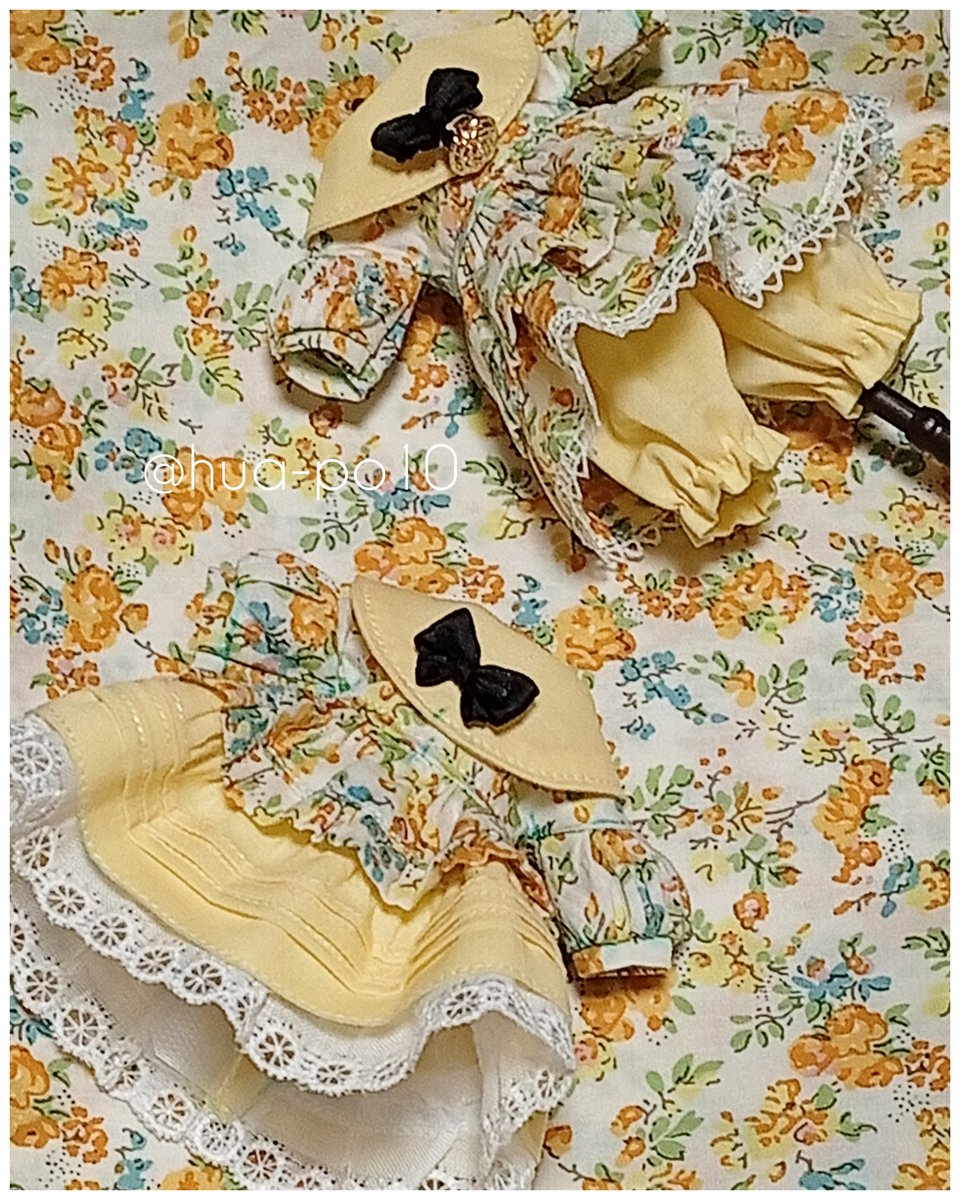 印バリバリの試作品×2です
下段スカートを無地にするのは、バラ柄感がなくなっちゃくのでやめよー……上の、襟以外はバラ柄生地で、ピンタックはなし、裾レースだけ付ける、がいいかも
ドロワーズは襟と同色で。