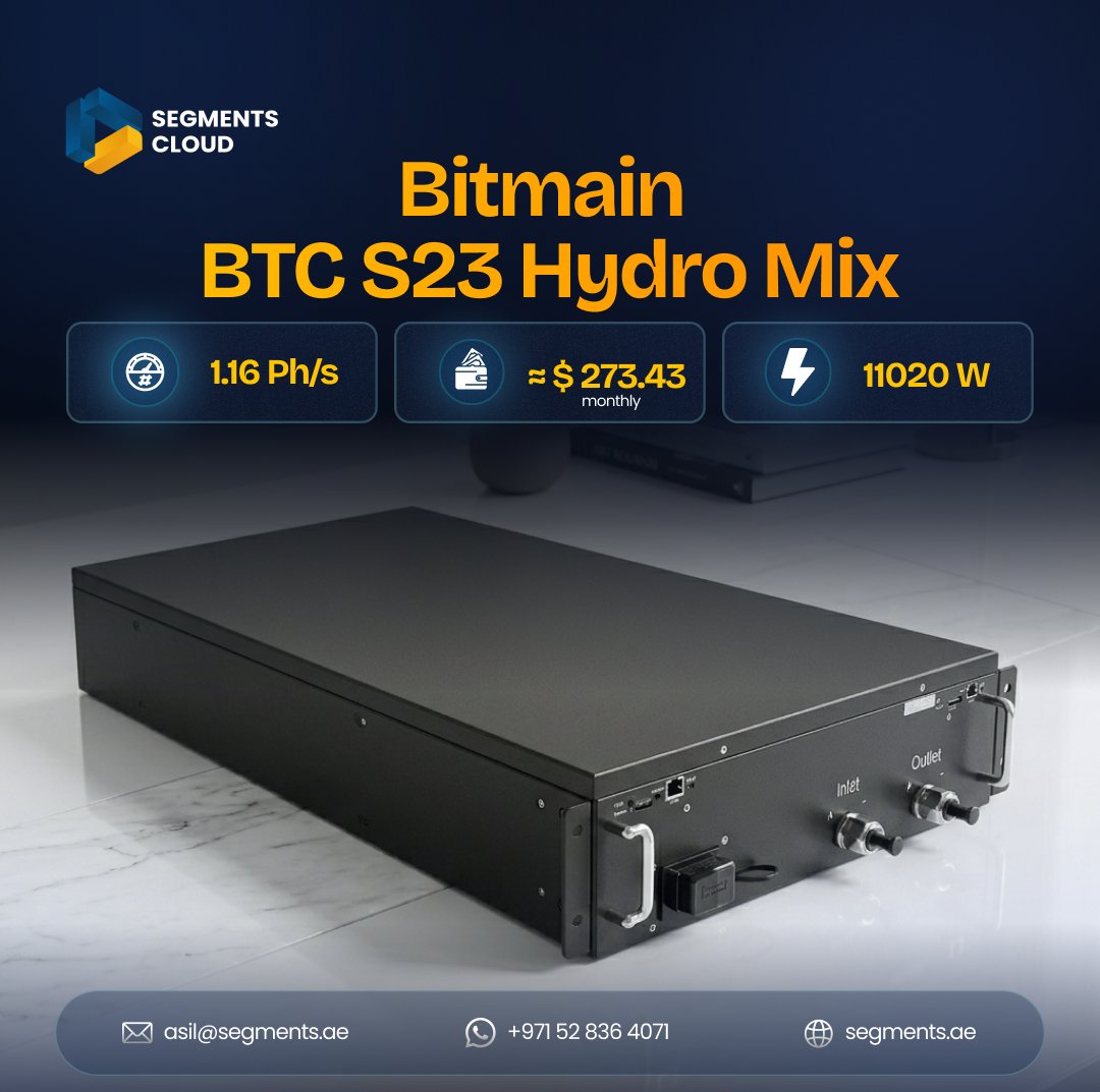 SegmentsCloud's tweet photo. Engineered for power, built for scale. ⚡

The MicroBT Whatsminer M63S delivers high-performance Bitcoin mining with advanced hydro cooling—ensuring stable operations, reduced heat, and maximum efficiency even in demanding environments.

Perfect for serious miners aiming for long-term consistency, this machine combines strong hashrate with energy optimization to keep you competitive in today’s evolving market.

With Segments Cloud, you get the infrastructure to unlock its full potential secure hosting, reliable power, and optimized performance. 🚀

📩 asil@segments.ae
🌐 https://t.co/AWXYnm2Qs5
📞+971 52 836 4071

#Whatsminer #MicroBT #BitcoinMining #ASICMiner #HydroCooling #CryptoMining #MiningHardware #BlockchainTechnology #CryptoUAE #SegmentsCloud