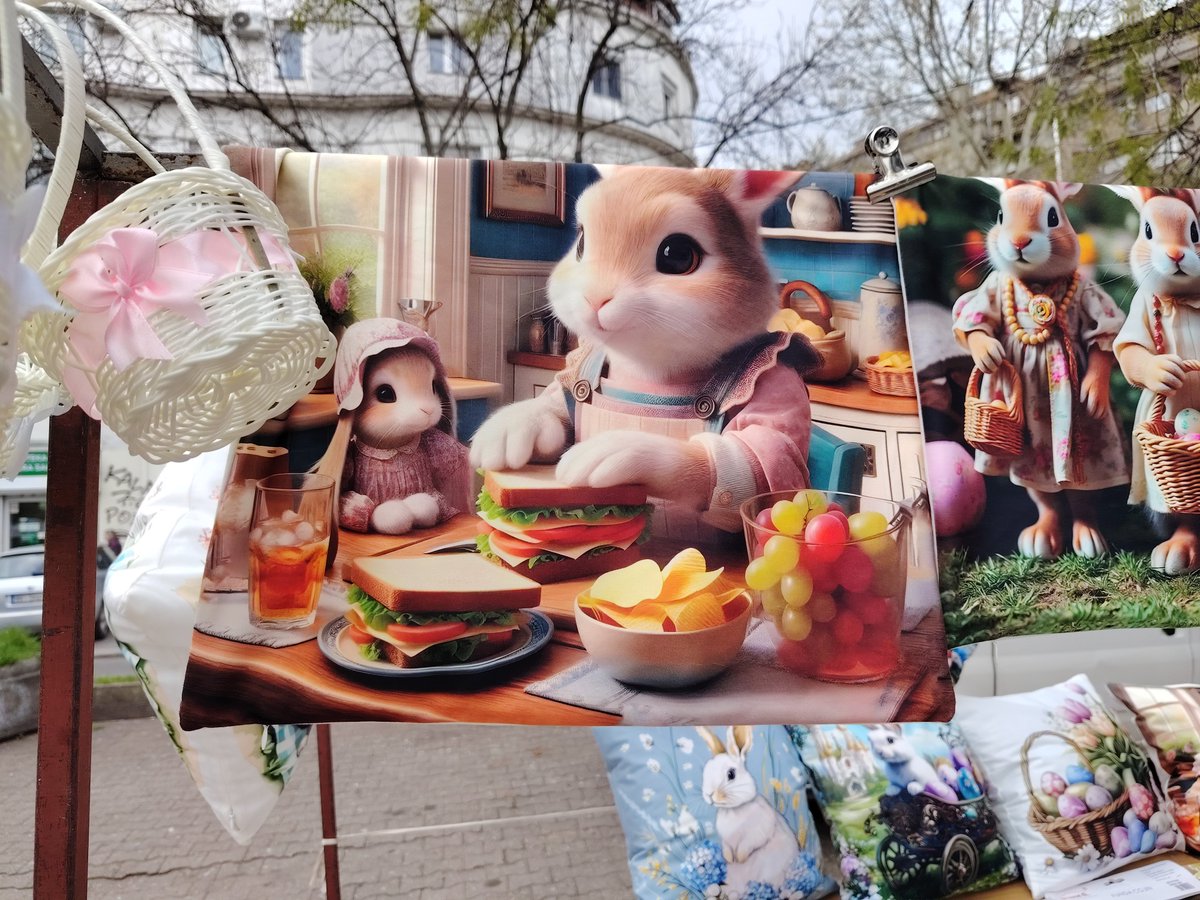 ljubisic's tweet photo. Bajlonijeva pijaca, danas. Neko je rekao AI-ju "napravi uskršnje motive sa zečevima" i eto ga zec, pravi sendviče, gricka čips i grožđe, pije ledeni čaj. 
Uskrs 2026. Zec živ, pravi sendvič, algoritam vaskrsao, tradicija otvorila fabriku čipsa. https://t.co/B3IbnsC1ZA