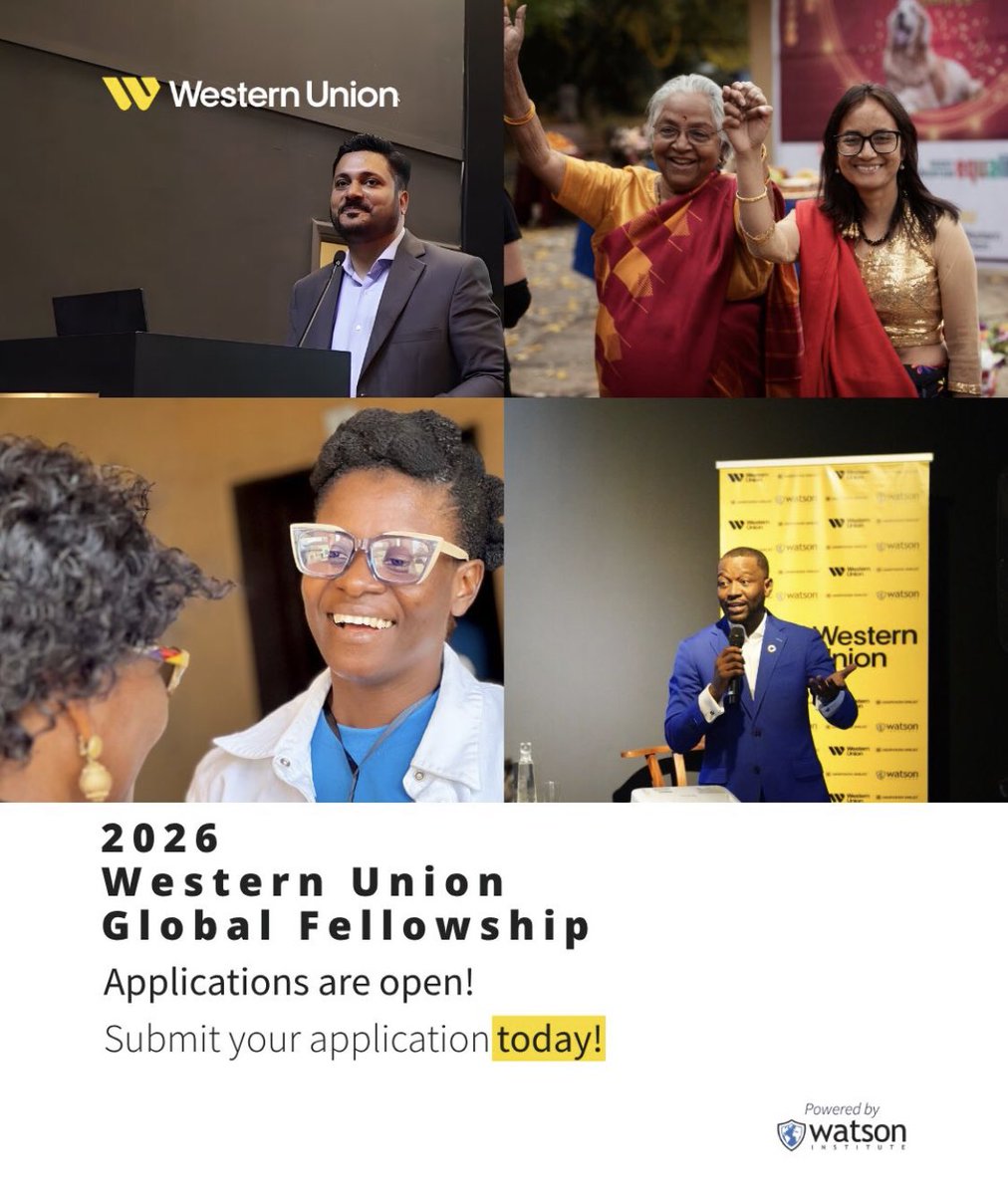 amosuibk's tweet photo. The @WesternUnion Global Fellowship is back and applications are officially OPEN!

If you're an entrepreneur or community leader supporting highly marginalized, refugee, or displaced communities, this opportunity is for you.

The Western Union Global Fellowship, powered by Watson Institute, is a fully funded, virtual program built for bold changemakers like you:
- Build your leadership and entrepreneurial skills through expert-led mentorship and workshops
- Receive $1,000 stipend to lead a Basecamp workshop in your community
- Sharpen your pitch with dedicated coaching to help you grow your venture
- Join a global network of 6,000+ changemakers and Alumni driving lasting impact

Program runs: August 11 - December 3, 2026

This is more than a Fellowship, it's a launchpad for lasting change.

Spots are limited. 

Apply today! https://t.co/ecIVzJlUMS