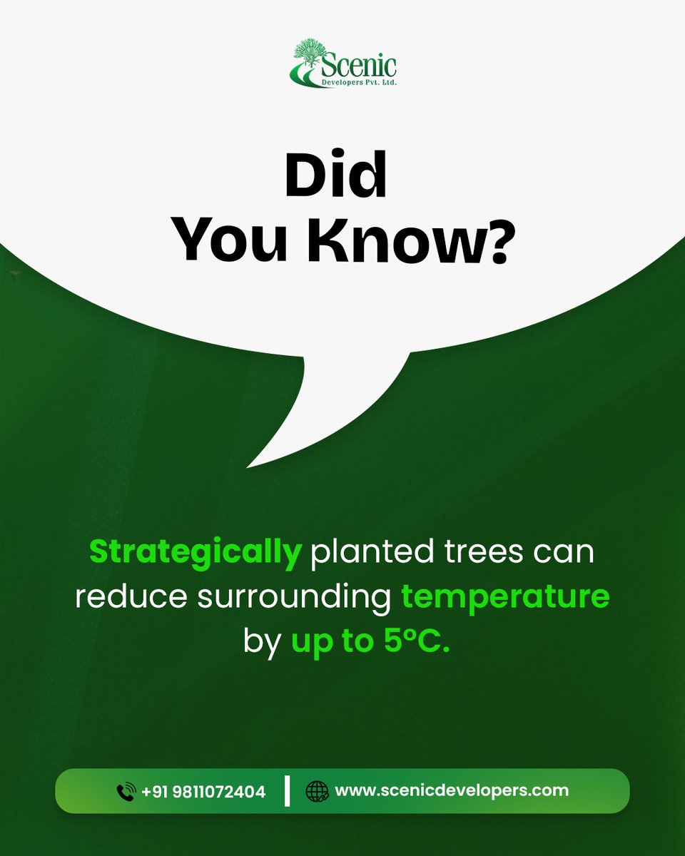 ScenicDeveloper's tweet photo. 🌿 Did You Know? Nature is the best air conditioner! 🌿
Strategically planted trees don’t just beautify your surroundings—they can cool temperatures by up to 5°C 🌍✨

At Scenic Developers, we believe in building spaces that are not just modern, but also eco-friendly. https://t.co/nzQNlp5npi