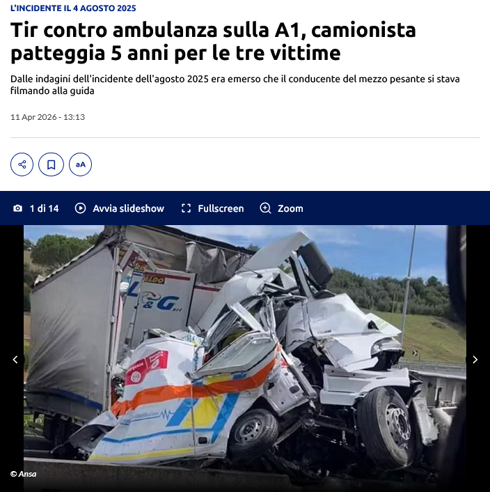 riktroiani's tweet image. #Tir contro #ambulanza sulla A1, camionista patteggia 5 anni per le tre vittime

Secondo la polizia stradale, il camionista stava registrando video destinati ai #social, in particolare TikTok, mentre era alla guida del mezzo pesante. 

Vi sembra giusto? #11aprile

Link: