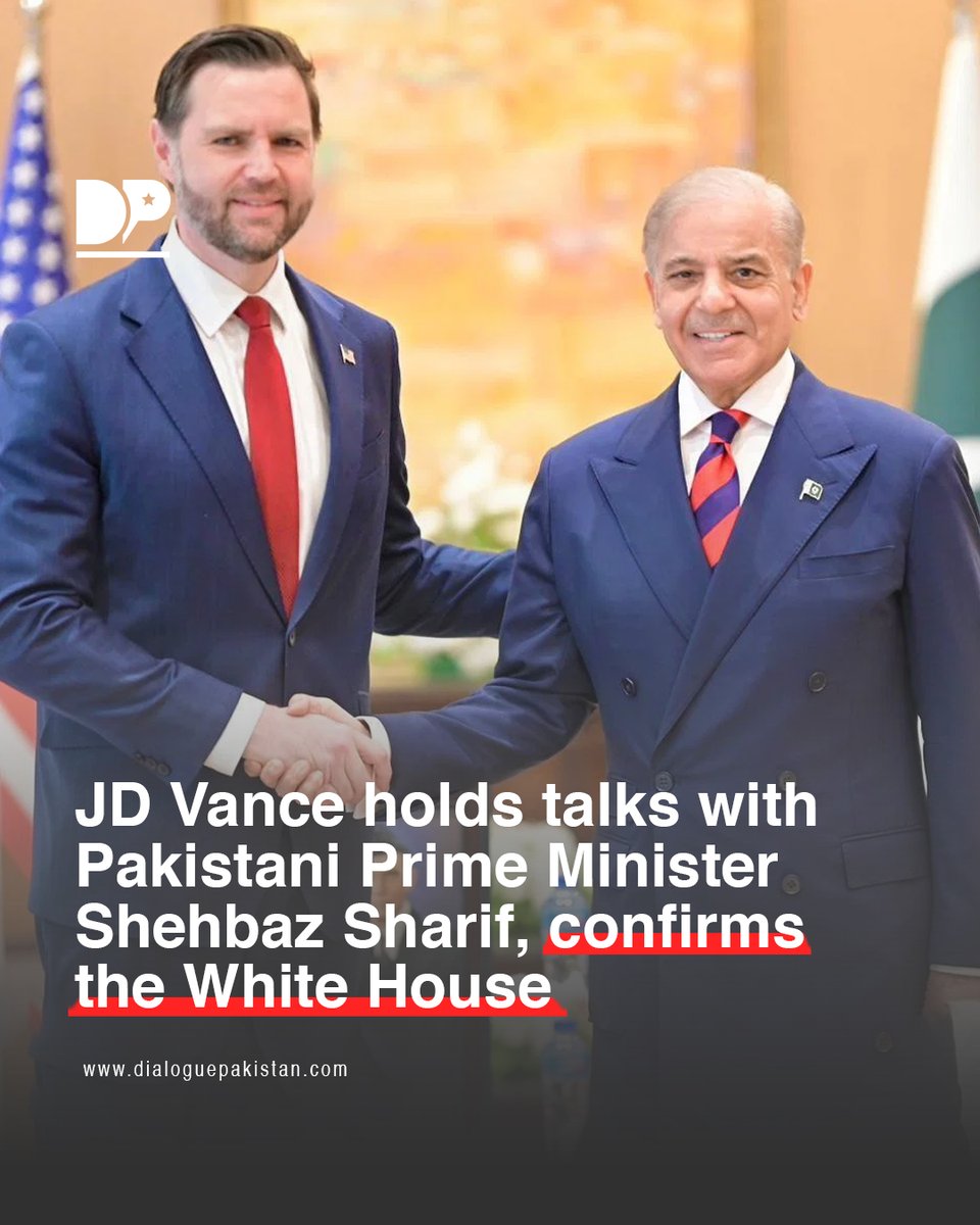 DialoguePak's tweet image. The White House has confirmed that US Vice President JD Vance is currently engaged in talks with Pakistani PM Shehbaz Sharif. The discussions are part of ongoing US-Iran peace talks.

#DialogueUrdu #WhiteHouse #Confirmed #US #VicePresident #JDVance #ShehbazSharif