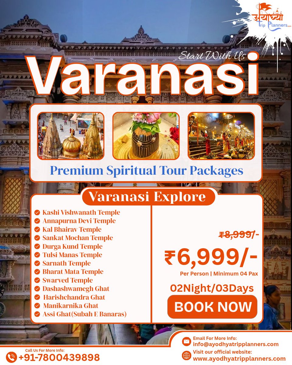 TripAyodhya's tweet photo. ✨ Explore the Spiritual Capital of India – Varanasi (Kashi)

Experience the divine energy of Kashi Vishwanath Temple, Kal Bhairav Temple, Sankat Mochan, Sarnath &amp; iconic ghats of Varanasi with our 02 Nights / 03 Days Premium Varanasi Tour Package. https://t.co/Drw9lFiaQB