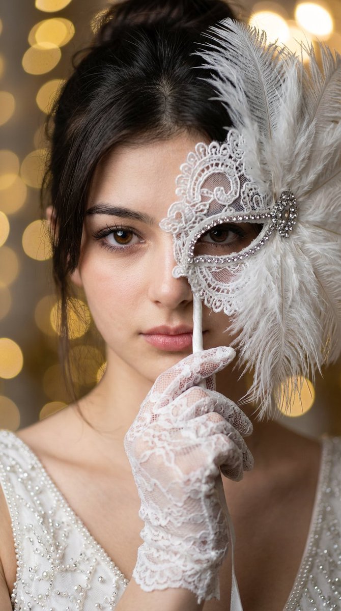 AIwithYazdan's tweet photo. 🚨🚨🚨 Prompt Share 🚨🚨🚨

Unmasking the elegance

Nano Banana Pro in @renoiseai 

Prompt:

Features from reference image. The shot is an extreme close-up of the beautiful girl's face. She is holding an exquisite white mask made of lace and feathers up to her face; the mask covers one of her eyes. She has a deep, piercing gaze with her brown eyes. The girl is wearing a beaded white dress and lace gloves. There is a soft bokeh background featuring golden lights. High detail on the skin texture, cinematic lighting, hyperrealism, 8k resolution.
**Details:** White lace, rhinestones, ostrich feathers. Soft natural light emphasizes the texture of her face. Neutral tones, cream and white colors. An atmosphere of mystery and luxury. Photograph taken with an 85mm lens at f/1.8.