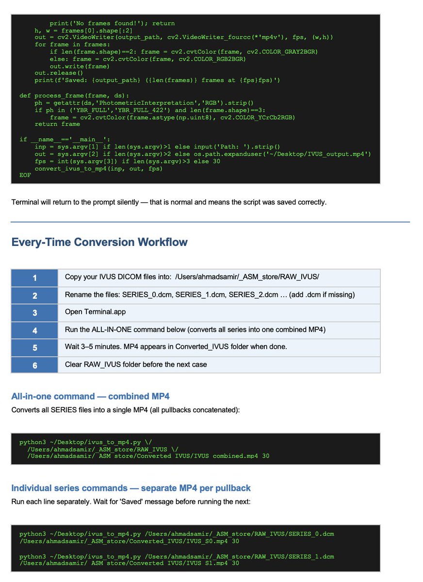 AhmAdSamir1101's tweet photo. #Philips or #volcano #IVUS or #echo
#DICOM always display inappropriately on #macOS

I have created a cheat sheet for MacOS users, python codes on terminal convert *.dcm to mp4

https://t.co/YqMu6Pk3x4...)
1st codes: all files into a single output
2nd group of codes: separate MP4 https://t.co/gqOVBXo6em