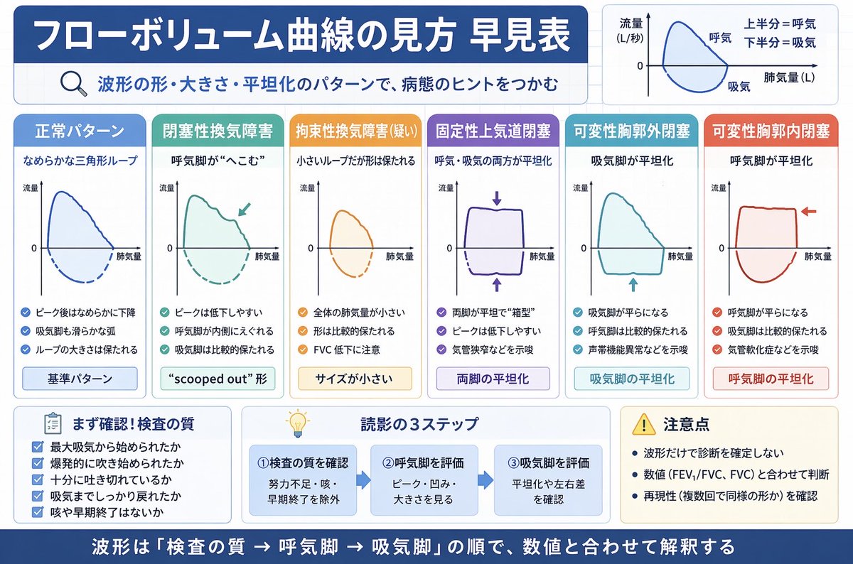 Rehabirikun's tweet photo. フローボリューム曲線、
苦手意識を減らすなら

① 検査の質を確認
② 呼気脚を見る
③ 吸気脚を見る

この順で見れば整理しやすいです。

・閉塞性＝呼気脚がへこむ
・固定性上気道閉塞＝両脚が平坦化
・可変性胸郭外閉塞＝吸気脚が平坦化
・可変性胸郭内閉塞＝呼気脚が平坦化

早見表としてどうぞ。 https://t.co/iKjxVTGWMz