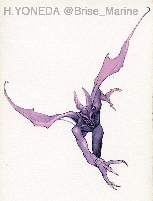 Sketch vs. Final ENIX MYSTIC ARK Creature Design: Gargoyle エニックスのゲーム『ミスティックアーク』の怪物デザイン「ガーゴイル」 3枚目の絵はPCにスキャンした絵にバックを付けて少し手を加えてます。 #illustration #watercolor #イラストレーション #水彩画 #米田仁士 #HitoshiYoneda