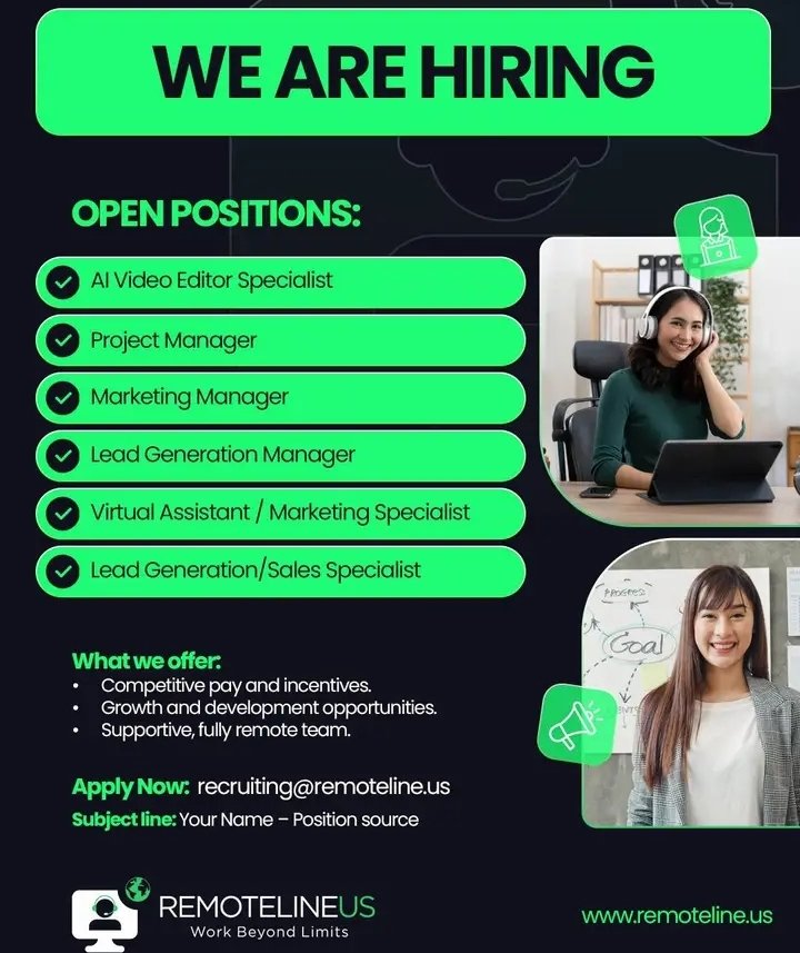 realAdeyemo's tweet image. Hiring!!

These roles are available for hire:
1. General Virtual Assistant; $4/hr
2. Customer Service Rep: $1k-$1.6k/mth
3. Exe Assistant; $800/m
4. Social Media Manager; $800/m
5. Customer Support
6. AI Video Editor
7. Project Manager
8. Graphics

Interested? Indicate ASAP