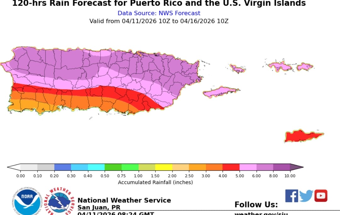 [VIGILANCIA DE INUNDACIONES] ⚠️

El NWS San Juan ha emitido una Vigilancia de Inundaciones Repentinas para todo Puerto Rico desde las 10:00 AM del lunes hasta las 8:00 AM del miércoles. Se espera que una fuerte vaguada junto con abundante humedad nos esté afectando con periodos