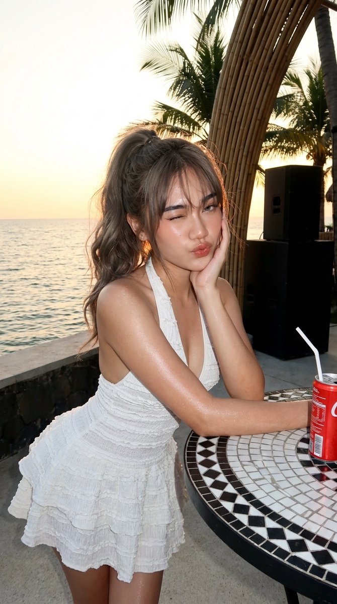 Ciahasyim's tweet photo. Beach day 🌊

Prompt: Photorealistic portrait of a stunning young Indonesian woman in her early 20s, glowing tanned skin with shiny oily sheen, long wavy ash-brown hair in a high messy ponytail with soft bangs and face-framing strands, thick arched brows, winged eyeliner, full glossy lips. Playful seductive expression: winking one eye while puckering lips in duck-face kiss, right hand cupping cheek, left arm on table, leaning forward. Wearing a sexy white halter-neck ruched mini dress with deep plunging neckline and tiered ruffled skirt. Sitting at a round black-and-white mosaic tile table with a red Coca-Cola can and straw. Tropical beach resort at golden hour sunset, calm ocean, palm trees, bamboo structures and black speakers in background. Warm cinematic lighting, soft rim light on hair and shoulders, highly detailed skin texture, sharp focus, 8K, masterpiece, vibrant vacation vibe