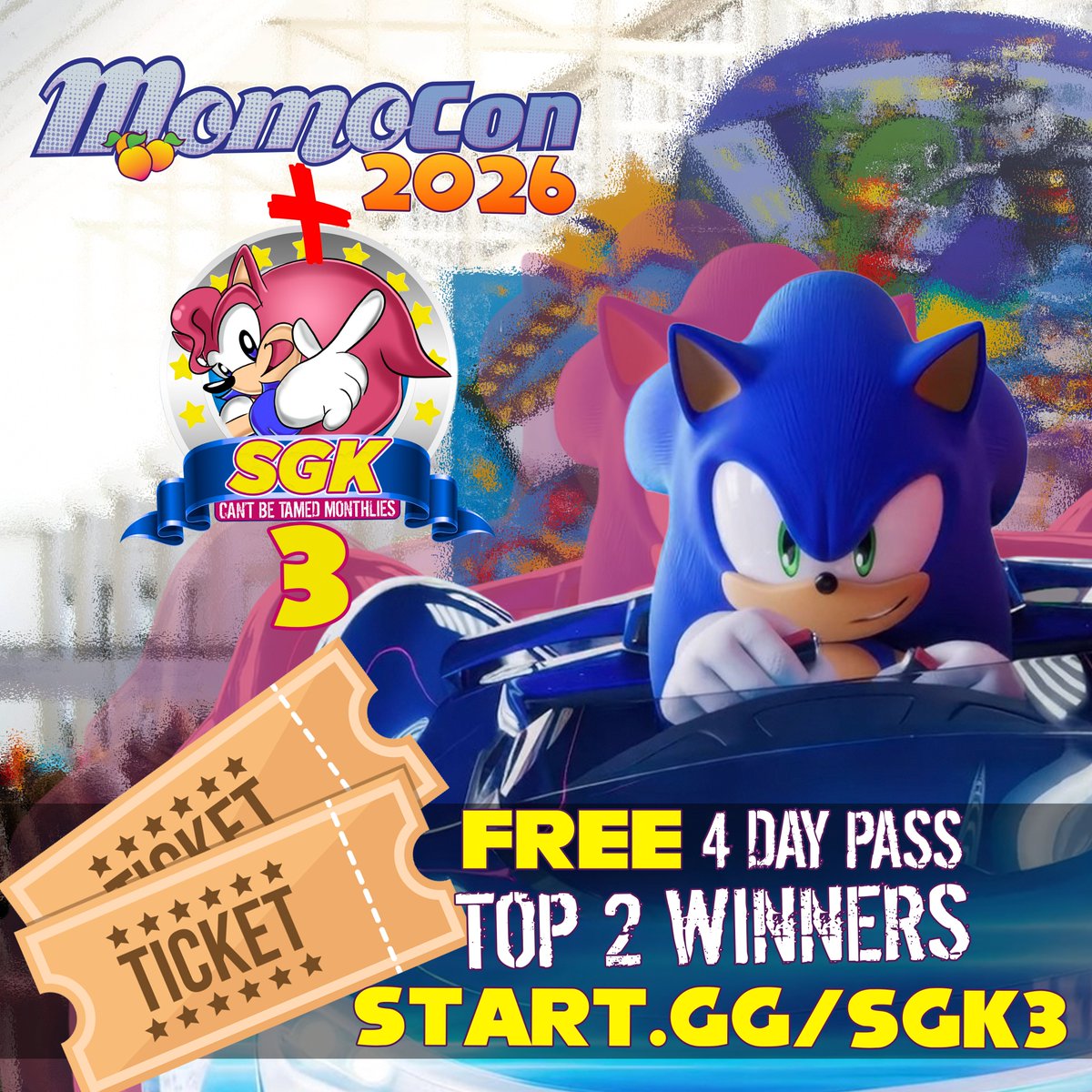 🚨 <a href="/MomoCon/">MomoCon</a> 2026 is SPONSORING our <a href="/RaceCrossWorlds/">Sonic Racing: CrossWorlds</a> Can't be Tamed 3 Tournament 🚨

Top 2 Racers will receive FREE 4 Day Entry Passes at this year's Super Major &amp; Convention: Momocon 2026! 🏟️

Sign up for your chance to make it out to the BIG LEAGUE 
➡️ start.gg/sgk3