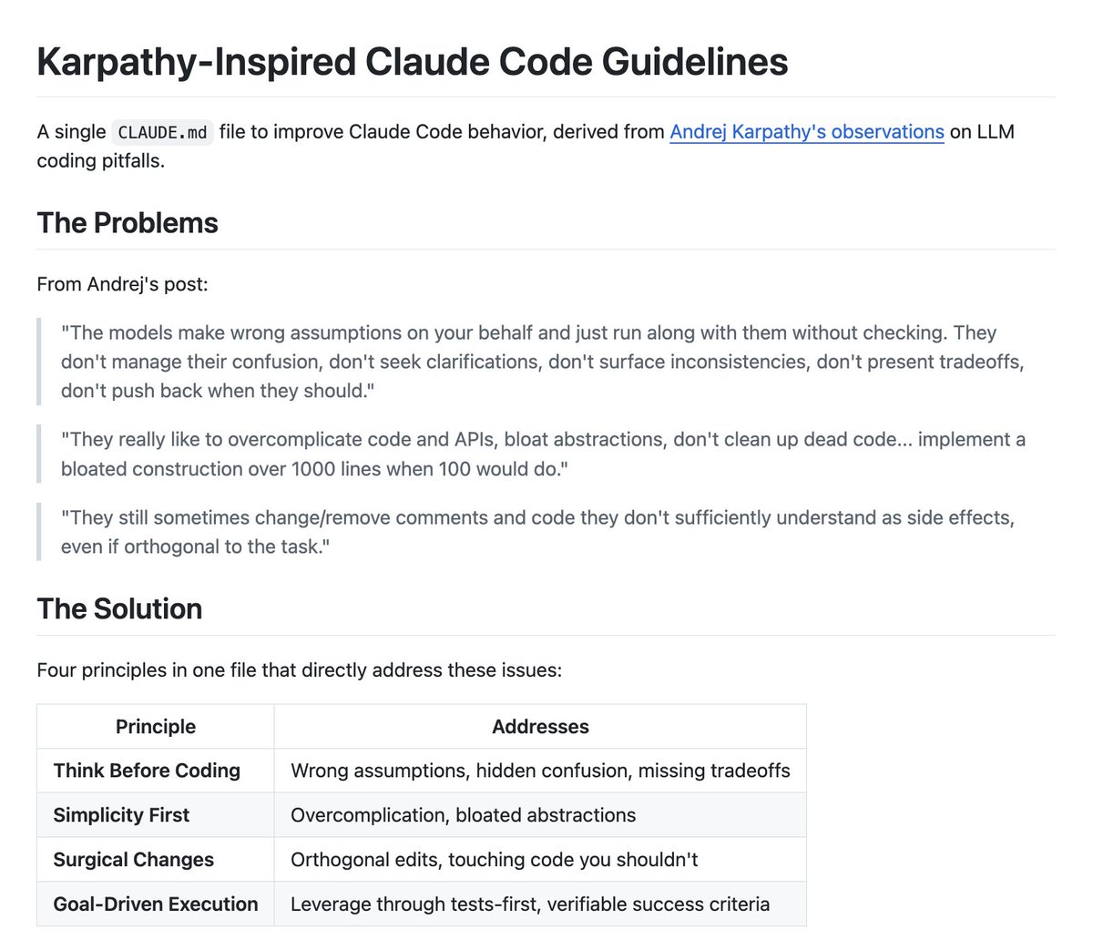 RodmanAi's tweet image. 🚨 Andrej Karpathy just exposed why AI coding assistants keep failing.

Someone turned that into a single config file.

It’s called andrej-karpathy-skills
+3,700⭐ this week.

Here’s why this is a big deal:

LLMs don’t fail randomly.
They fail in patterns.

• Over-explaining
•