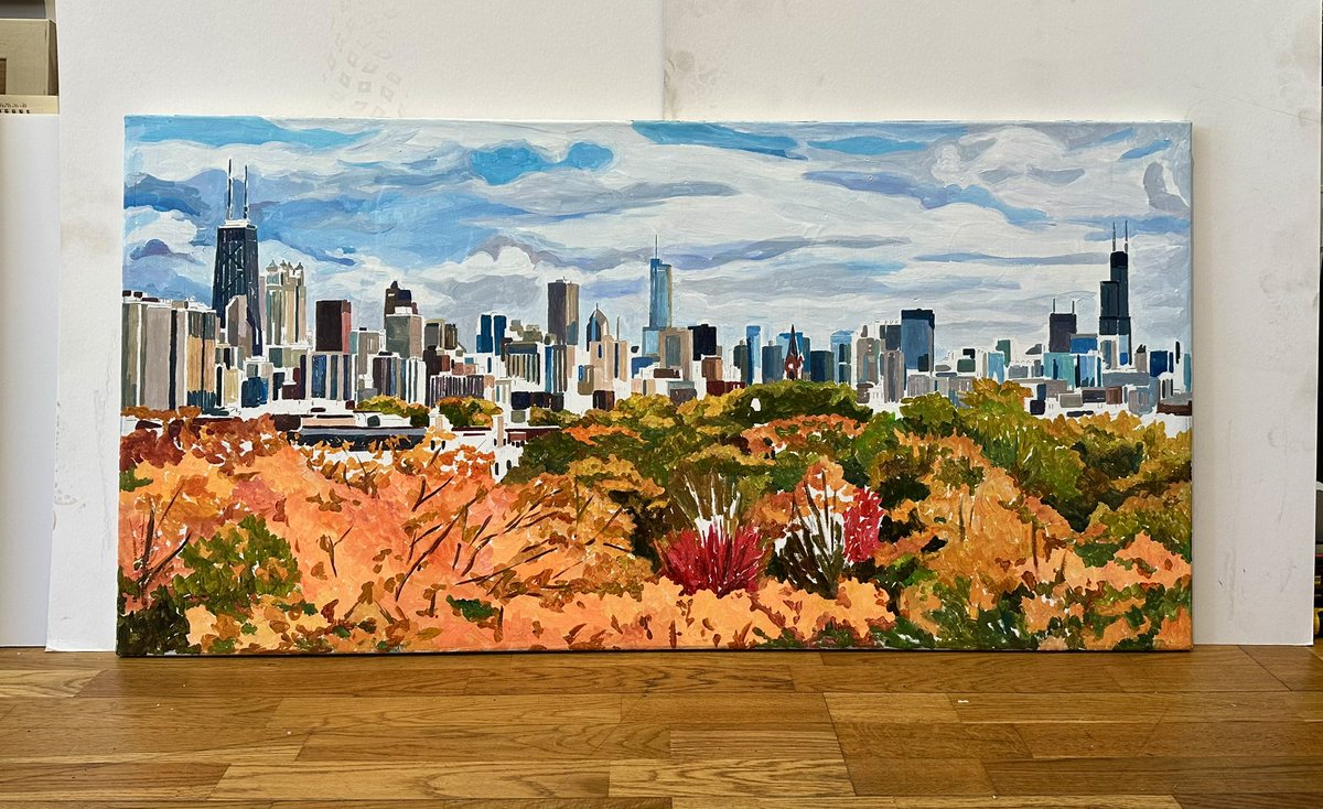 JoshMoulton's tweet image. Will finish this one in 1-2 weeks. In progress new painting. It sold a couple of weeks ago. Coming along. 24” x 48” acrylic on canvas. “Autumn Ember Over Chicago”. #chicago #art #artgallery #painting #chicagoskyline