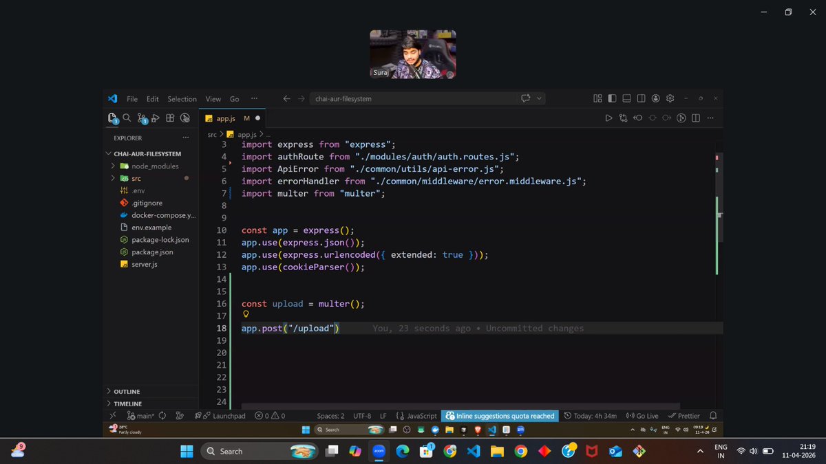 IamRajarshi_Dev's tweet image. Today's topic of #WebDev Cohort T class : 
1. Covered almost all built-in functions on "fs" module.
2. Performed all CRUD ops on files.
3. Done file uploading using multer and imagekit.
4. File uploading constratns.

#nodejs #Backend #ChaiCode #LearningInPublic #ChaiSQL