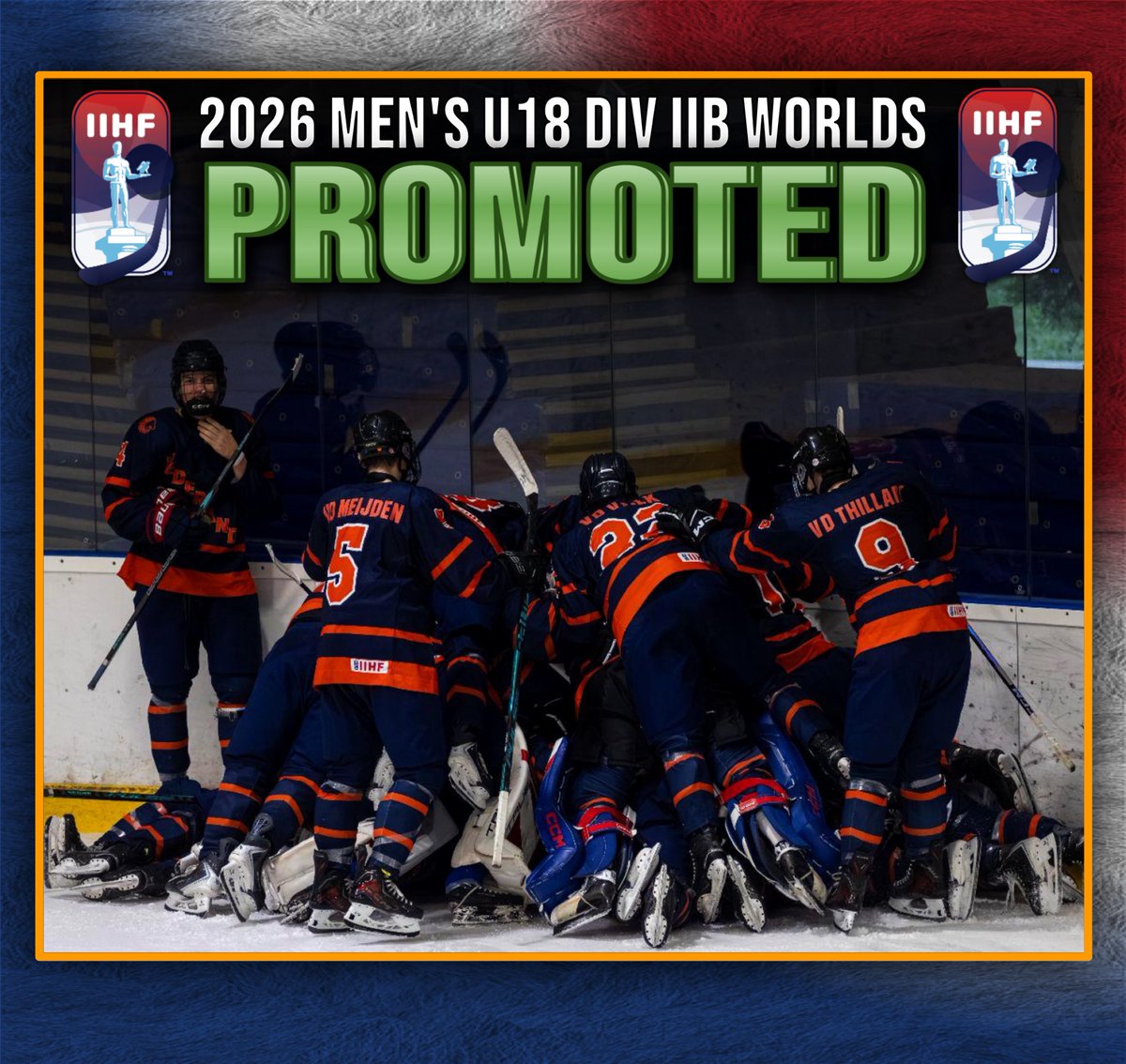 OnTheFly1515's tweet photo. Team Netherlands has earned promotion (and the Division 2B Gold Medal) to the 2027 Division 2A #U18MensWorlds Tournament with a huge 6-4 win over Australia!
📸IIHF
#iihf #mightyroos #ijshockeynederland https://t.co/0mY7lvto5q