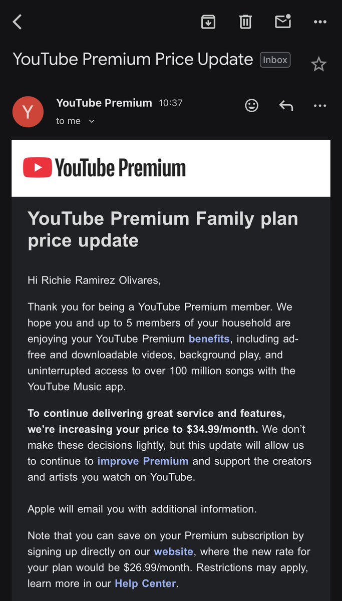 netarichie's tweet photo. It was good run YouTube 👌🏽over 10yrs as a paying customer. $35 bucks to watch YouTube no ads is stupid. My guess is they are trying to force more people to watch ads and charge more for those ads. #youtube #youtubepremium @YouTube peace ✌🏽 https://t.co/hL5iC7F25O