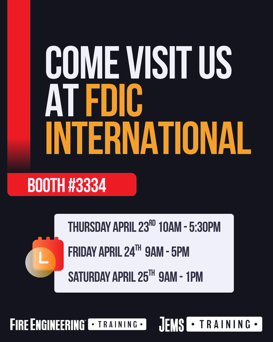 Join us at Booth #3334 at FDIC! 🚒🔥

📅 Thursday, April 23 | 10 AM – 5:30 PM
📅 Friday, April 24 | 9 AM – 5 PM
📅 Saturday, April 25 | 9 AM – 1 PM

Stop by to connect, learn, and see what we’re all about! 👏