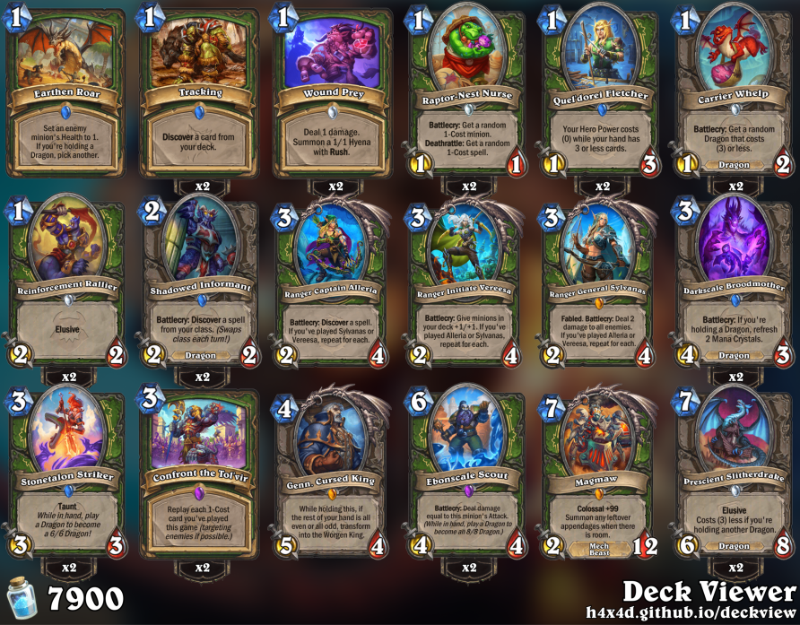 SidisiTV's tweet photo. my new **Midrange Dragon Hunter** feels like the right balance of aggressive &amp; long game value! 👀

Turns out Confront is just best draw 😅

Be careful to budget your Dragons to activate Scouts/Strikers off the top 🐉
 #sidcataclysmdecks #hs_hun https://t.co/3aBnrXe5Za