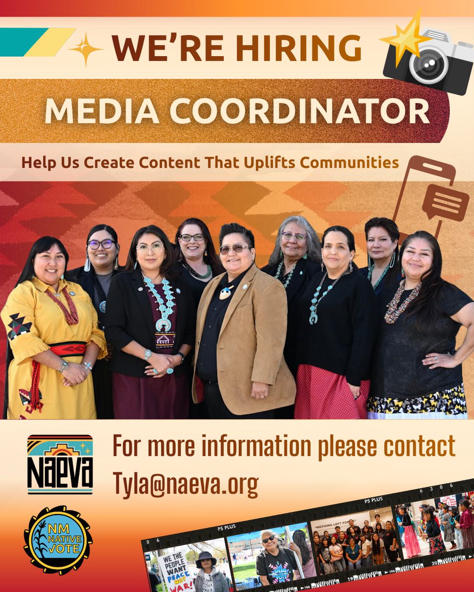 NativeVoters's tweet image. We’re hiring! ✨🙌🏽

Join our team as a Media Coordinator and help us create content that uplifts our communities, protect what is sacred, and build Native power. 💛📸

📧 Reach out to Tyla@naeva.org for more information

Come be part of the work. ✊🏽

#Naeva #NMNativeVote