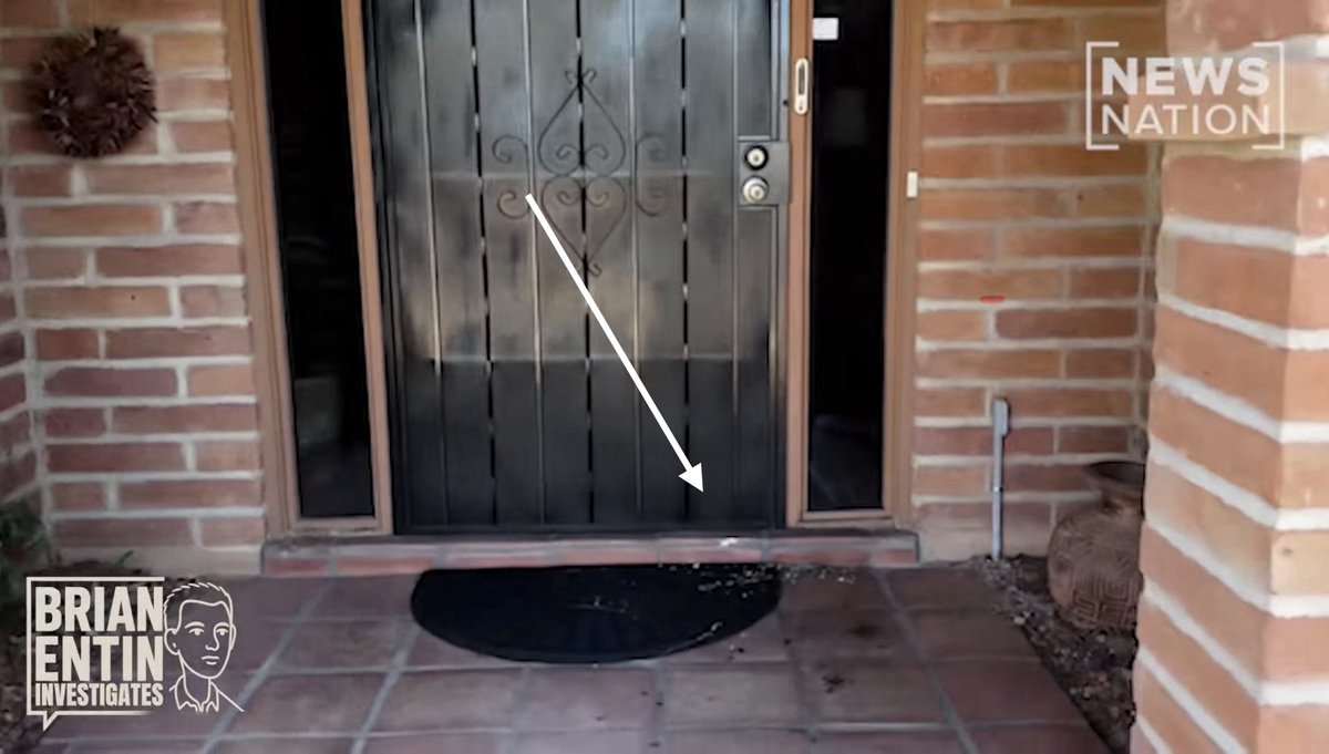 Sarah_WithAn_H_'s tweet photo. -Was #nancyguthrie wheeled out of her home? 
-Investigators at her home on 2/25/26 were seen at the front doorway looking at the area to the right of the stairs. See @chiIIum track pictures. 
-If she was being wheeled, the step down from the front doorway could have jolted her causing the possibly exasperated blood seen in @BrianEntin video.  
-It appears as though a brick at the front doorway was damaged. That could have been caused by wheeling her out. 
-What appears to be a possible transfer of blood maybe be from a tire track.