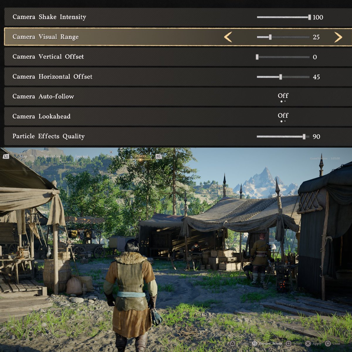 Kster91's tweet image. high praise for Crimson Desert team Pearl Abyss for adding some camera options in the latest update. I personally found it too far away and high up, even on its closest setting.
Now it's lower and closer.

Plus being able to hide the shields etc!

beautiful.