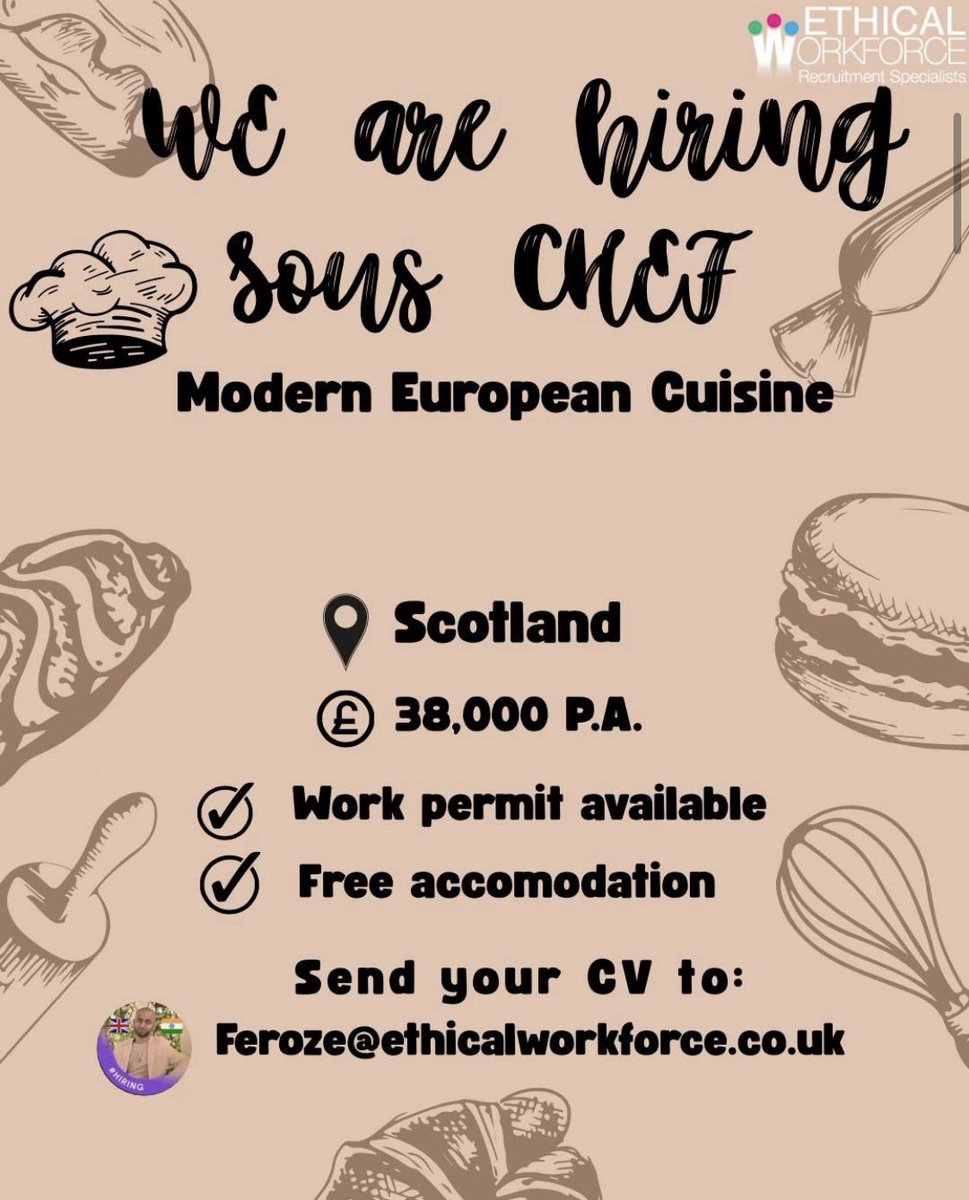 EthicalWorkF's tweet photo. We’re hiring a Sous Chef, Modern European Cuisine.

Location: Scotland

Salary: £38,000 Per Annum

Work Permit AND Accommodation available!

Send your CV to feroze@ethicalworkforce.co.uk https://t.co/ZHSreRZckS