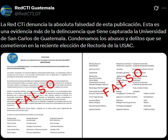 PrensaComunitar's tweet photo. #USAC La Red Internacional de Ciencia, Tecnología e Innovación, @RedCTI_GT desmiente un comunicado en el que supuestamente respaldaba la elección de Walter Mazariegos.
Asegura que es falso y denuncia irregularidades en el proceso de Rectoría de la USAC.
#usaclibre https://t.co/0OgsfLj225