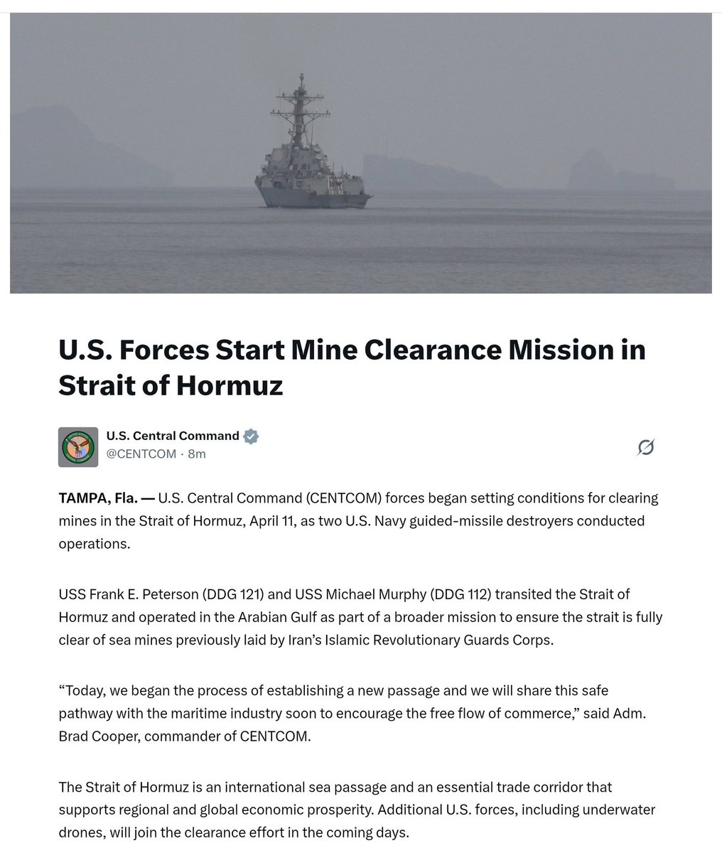 ️U.S. Navy begins clearing the Strait of Hormuz of Iranian sea mines ...