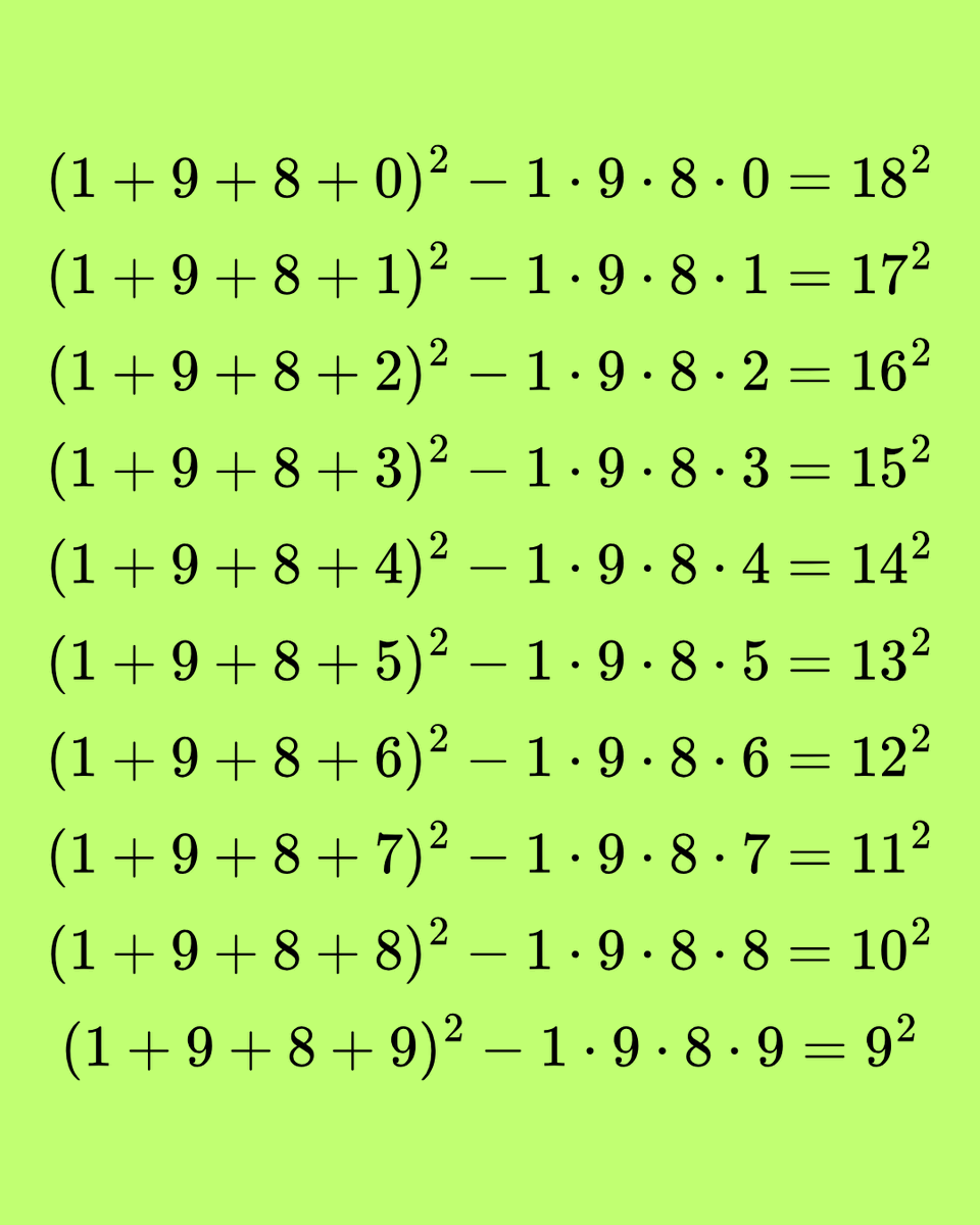 (1 + 9 + 8 + n)² - (1 × 9 × 8 × n) = (18 - n)²