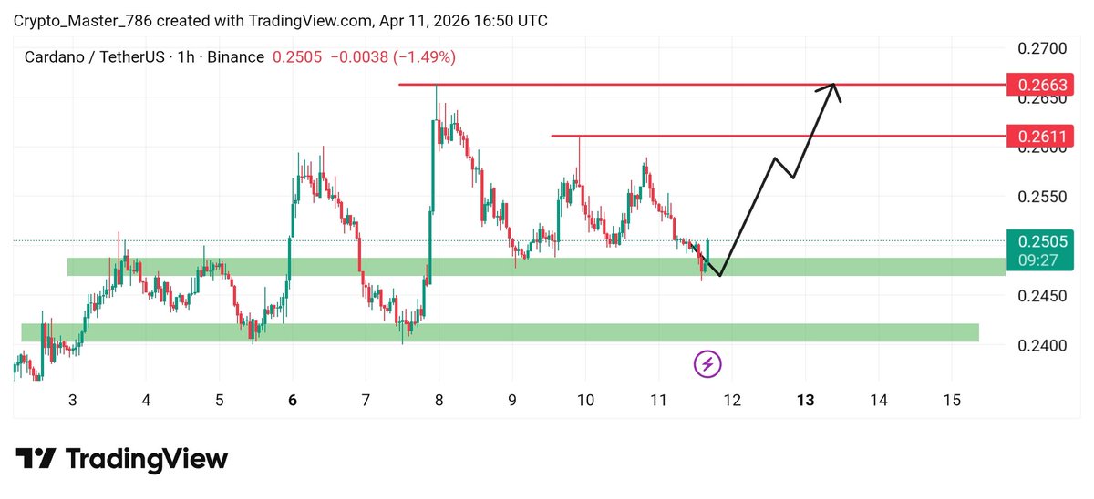 CryptoMaster_07's tweet photo. Wait… don’t just assume this bounce will continue...... look at the context 👀
$ADA is reacting from that $0.246 support — yes, buyers stepped in… but this is still a reaction, not a confirmed reversal 🤯 the move up is small, controlled, and still inside the previous range. That tells you one thing… strength is not proven yet.

Look closely… after a drop, markets often bounce to create hope. Retail sees this and thinks “bottom is in”… but smart money watches if price can actually hold above the zone and build structure 👀

Right now, this is a test. If ADA forms higher lows and starts pushing above nearby resistance with conviction, then this bounce can evolve into a real recovery. But if price struggles here or gets rejected again… this turns into a classic dead-cat bounce 🔥

Because real strength doesn’t hesitate — it reclaims levels and holds them.

So ask yourself… are you buying the bounce… or waiting for the market to prove buyers are truly in control? 👀

#ADA #cryptotrading #cryptosignals #Binance 
#sallandık #پاکستان #Pakistán