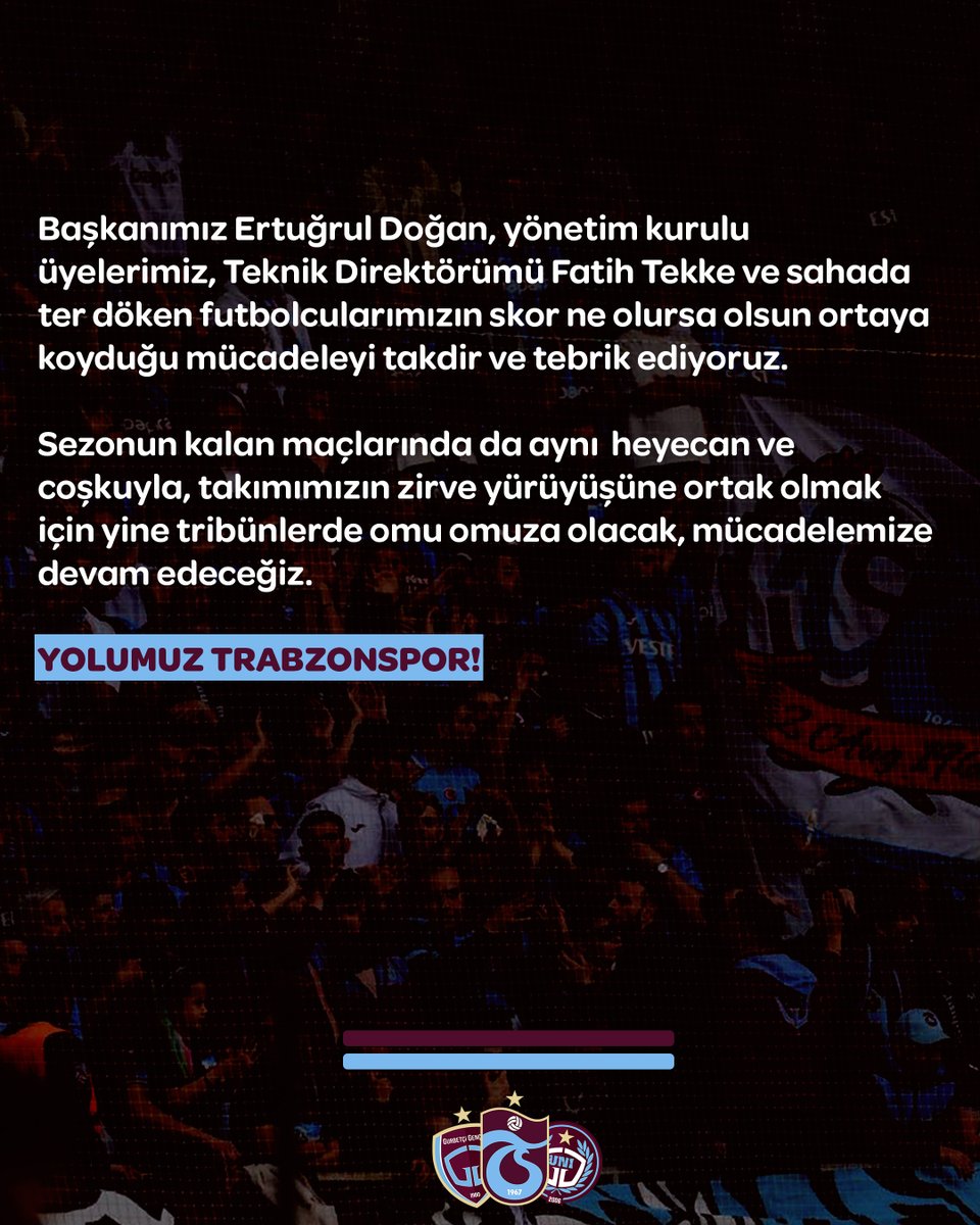 Başkanımız Ertuğrul Doğan, yönetim kurulu üyelerimiz, Teknik Direktörümü Fatih Tekke ve sahada ter döken futbolcularımızın skor ne olursa olsun ortaya koyduğu mücadeleyi takdir ve tebrik ediyoruz.

YOLUMUZ TRABZONSPOR!
#GurbetçiGençler